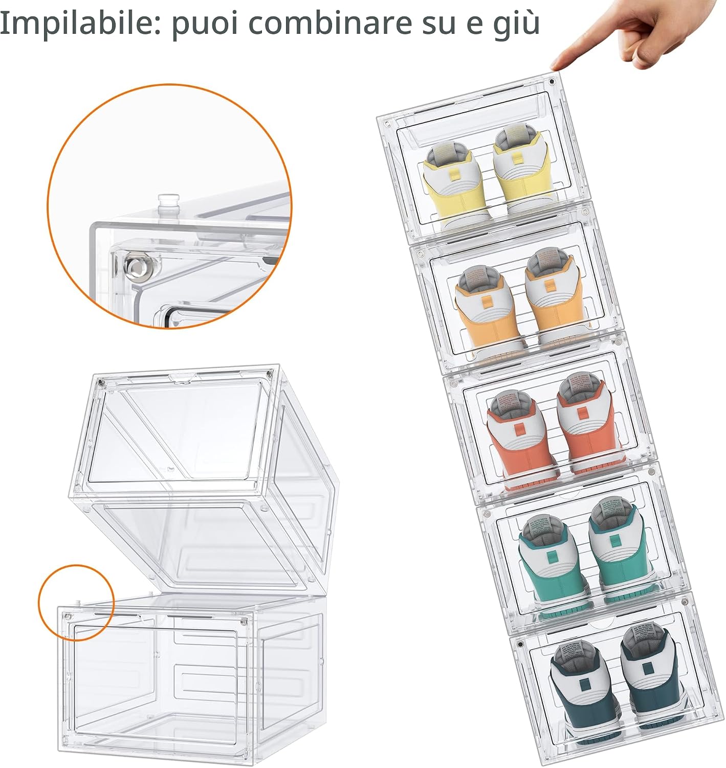 Detalle de HOMIDEC: 6 Scatole per Scarpe impilabili in plastica trasparente con coperchio magnetico