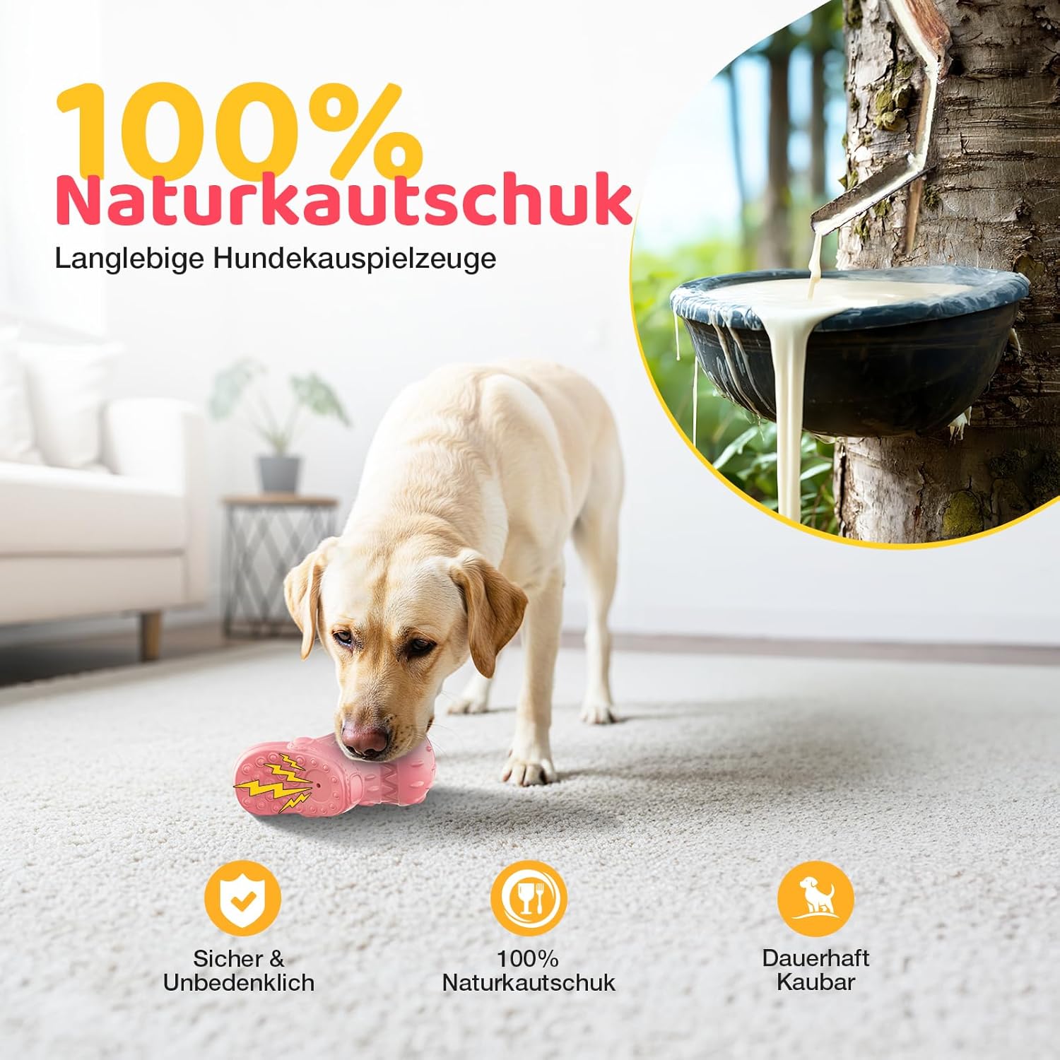 Thumbnail 1 de RUXAN Hundespielzeug aus Naturkautschuk mit Kauspiel-Textur und Quietschfunktion (17 x 7,5 x 6,5 cm) – Pink