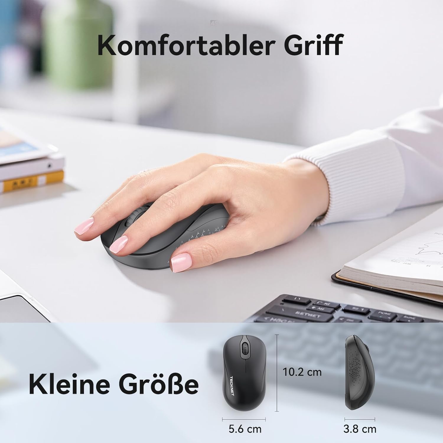 Thumbnail 2 de TECKNET Kabellose Maus „Leise Funkmaus 2,4 GHz“ mit USB-Empfänger (1600 DPI), grau