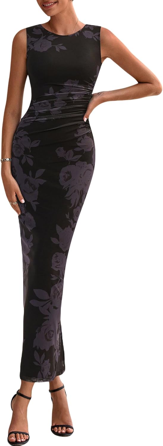 Thumbnail 5 de PRETTYGARDEN Womens Summer Wedding Guest Dress 2026 Mesh Sleeveless Bodycon Ruched Floral Maxi