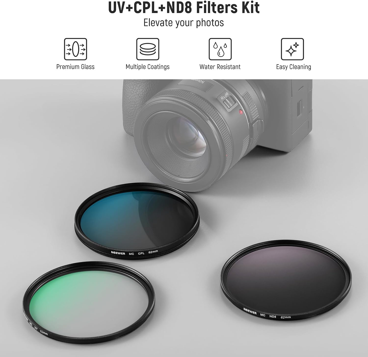 Detalle de NEEWER 62mm UV + ND8 + Circular Polariser Filter Kit (Slim Frame, Folding Case)