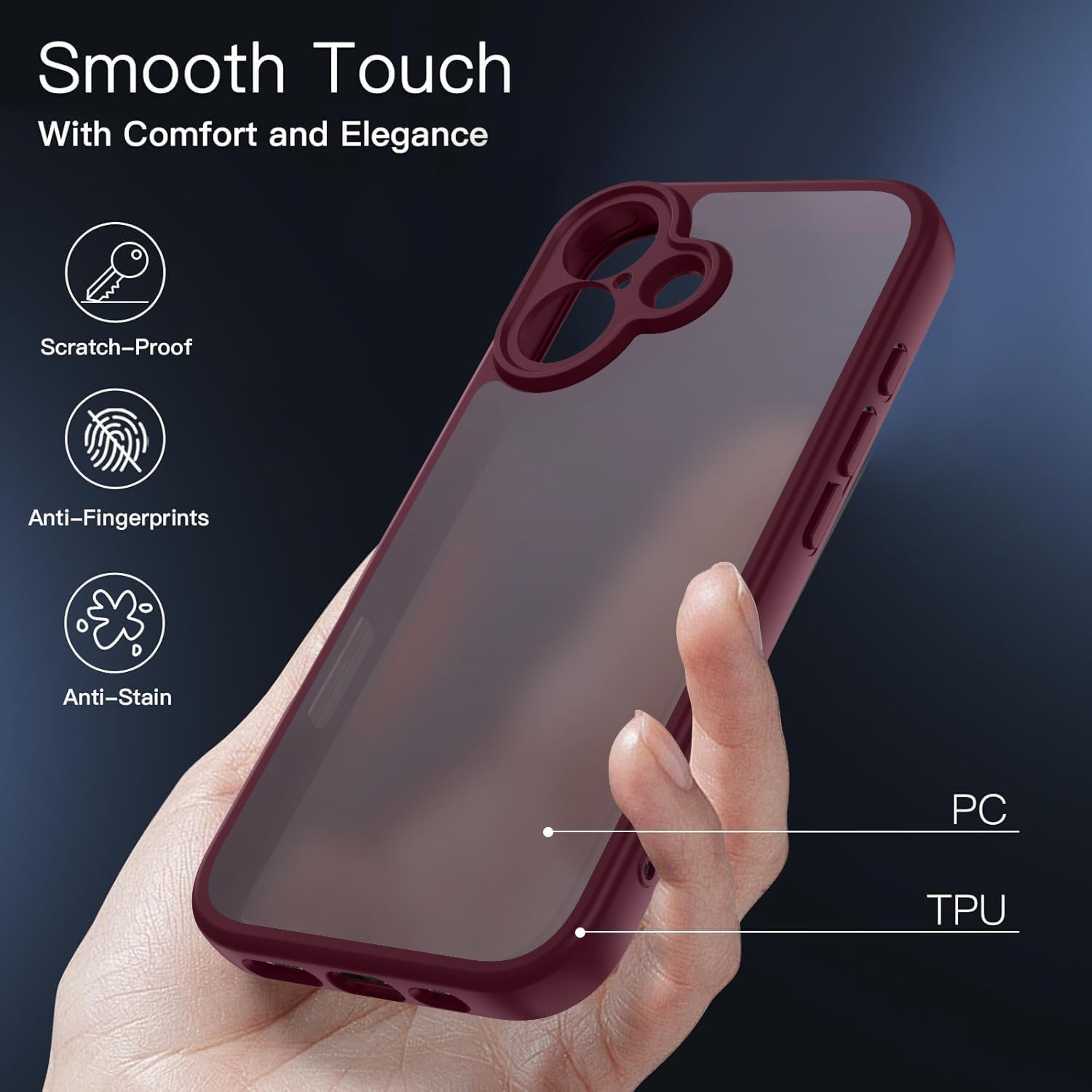 Detalle de KPPIT iPhone 17 case (Shockproof Military Grade) in wine red – frosted translucent protection
