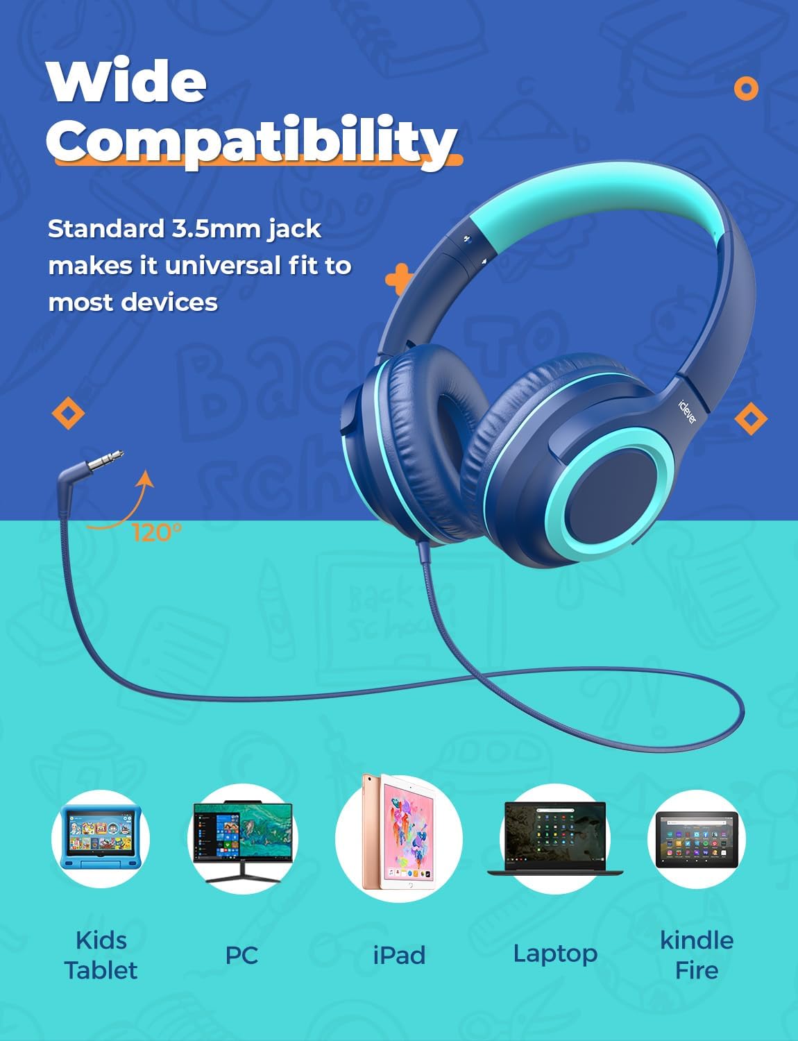 Thumbnail 5 de iClever 2 Pack Kids Headphones (85dBA Safe Volume) with 3.5mm Sharing Splitter – Wired, Foldable, Blue & Black