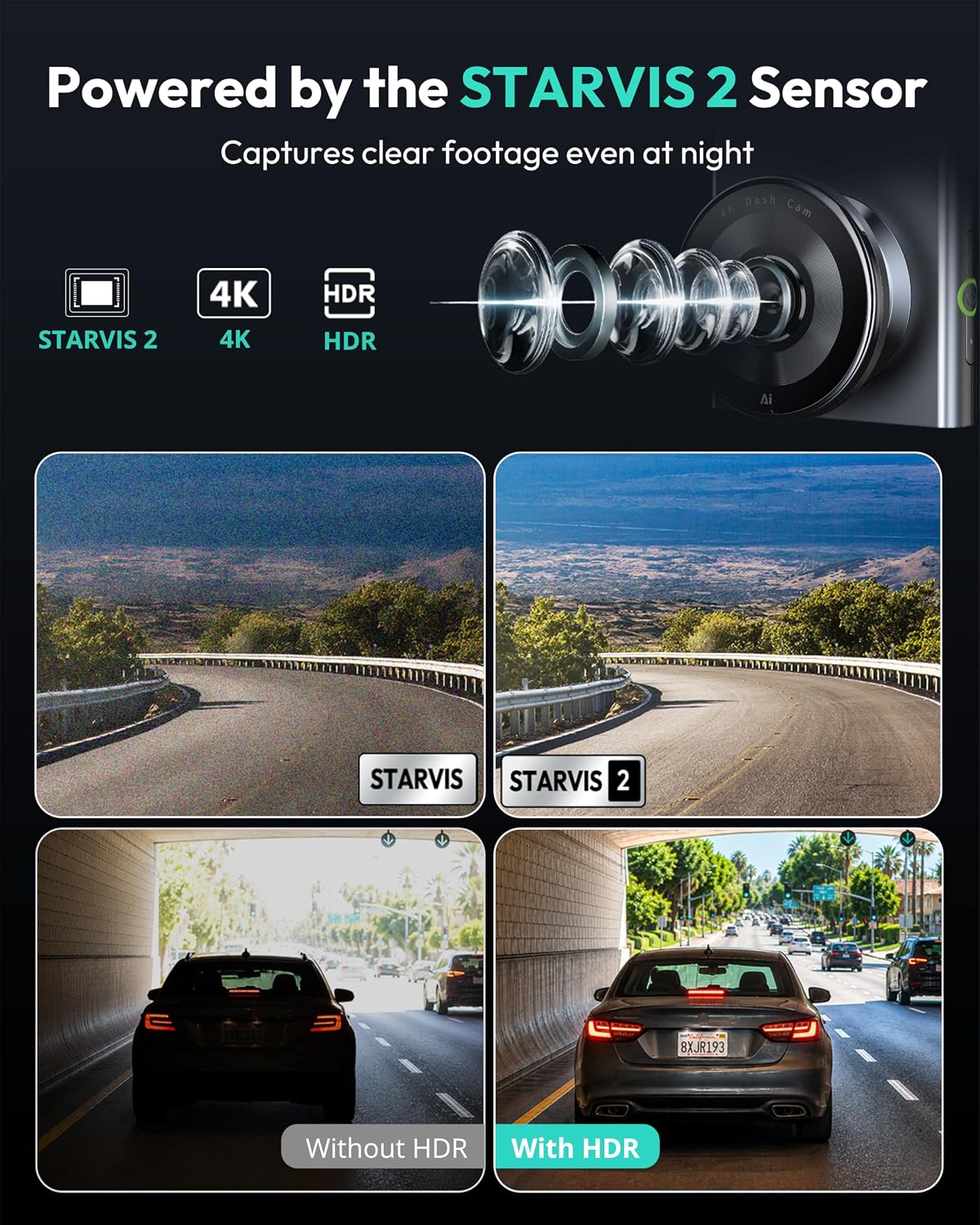 Detalle 2 de BOTSLAB G300H Plus 4K Dual Dash Cam, STARVIS 2, HDR Night Vision & GPS