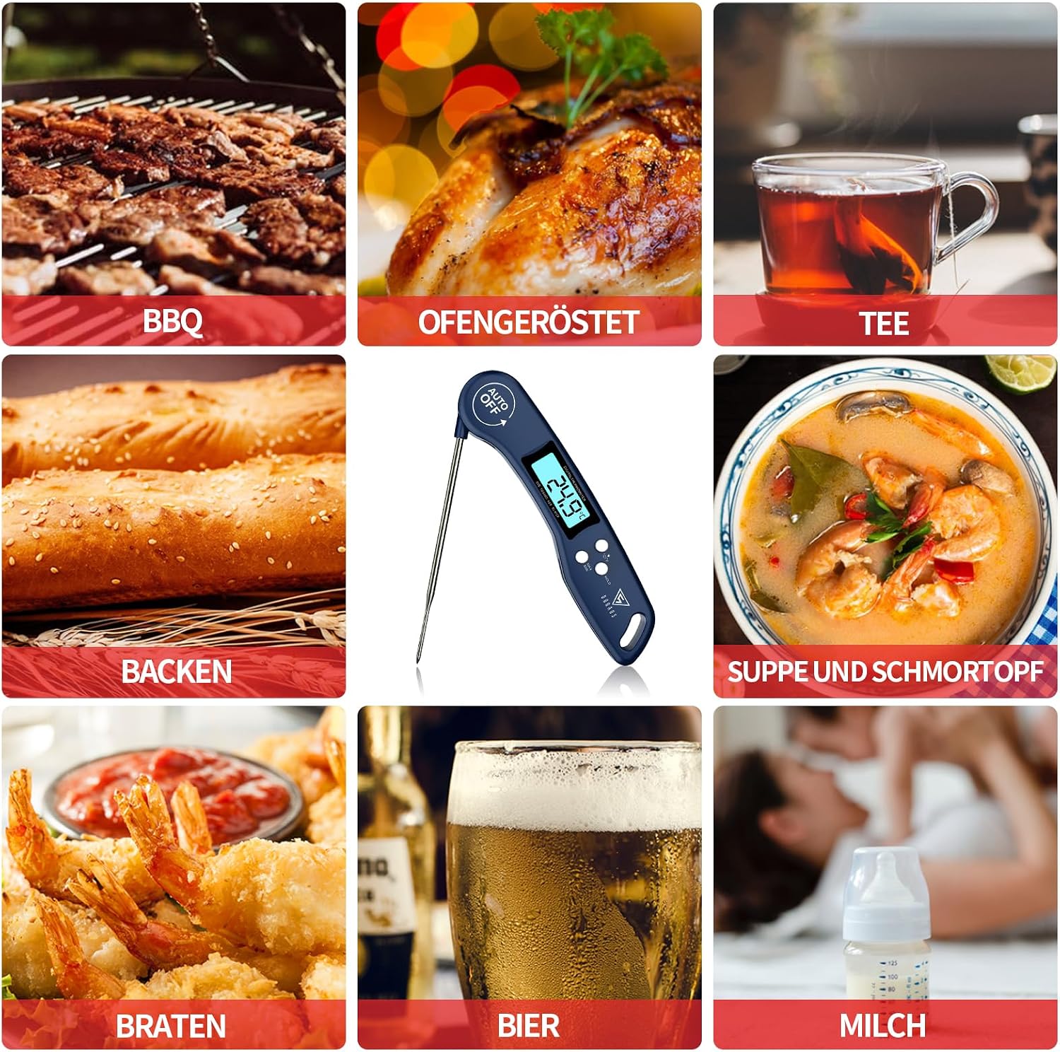 Detalle de DOQAUS Grillthermometer: Fleisch- und Küchenthermometer mit 3-Sekunden-Auslese, LCD-Display und langer 11,5 cm Sonde (Navyblau)