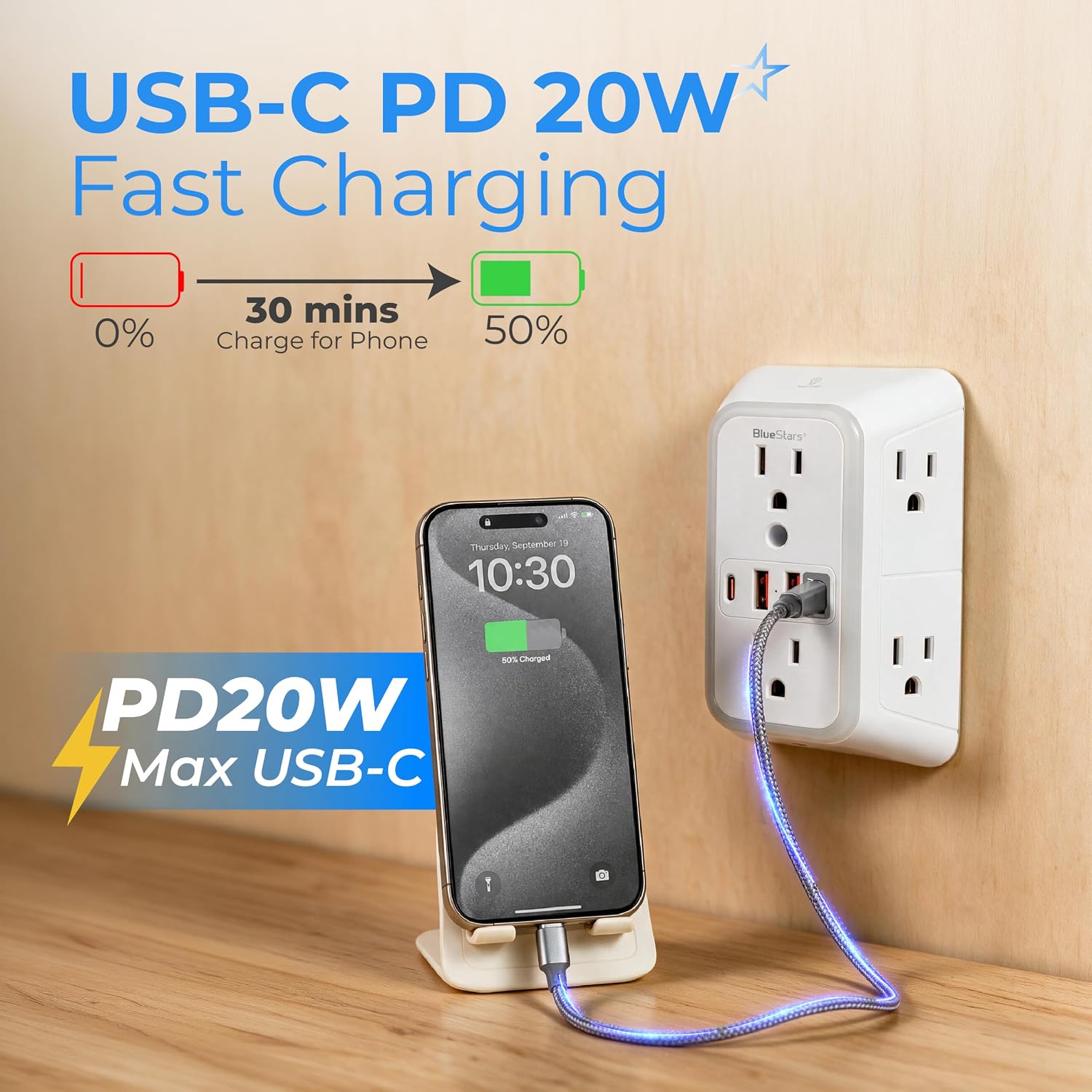 Thumbnail 4 de BlueStars 606USBC Surge Protector Outlet Extender, 6 Outlets, 4 USB Ports