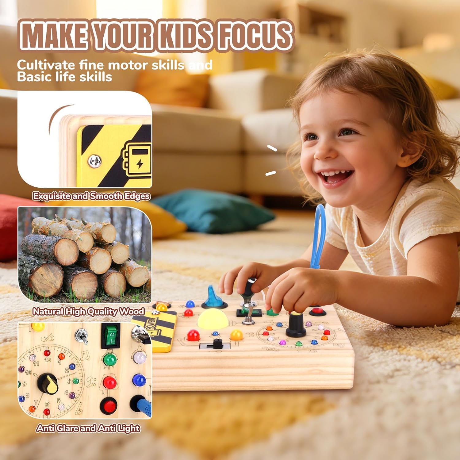 Detalle de Busy Board Montessori Holz – 10 Schalter, 23 LEDs, ab 1 Jahr