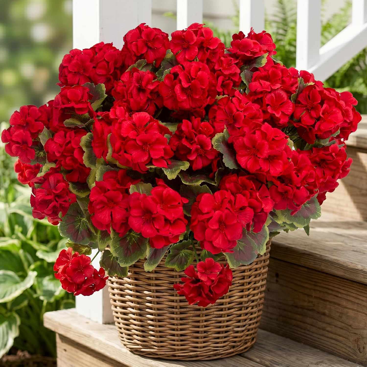 Detalle de Lovemoon 8-Piece Artificial Geranium Set (Red) for Indoor & Outdoor Decor