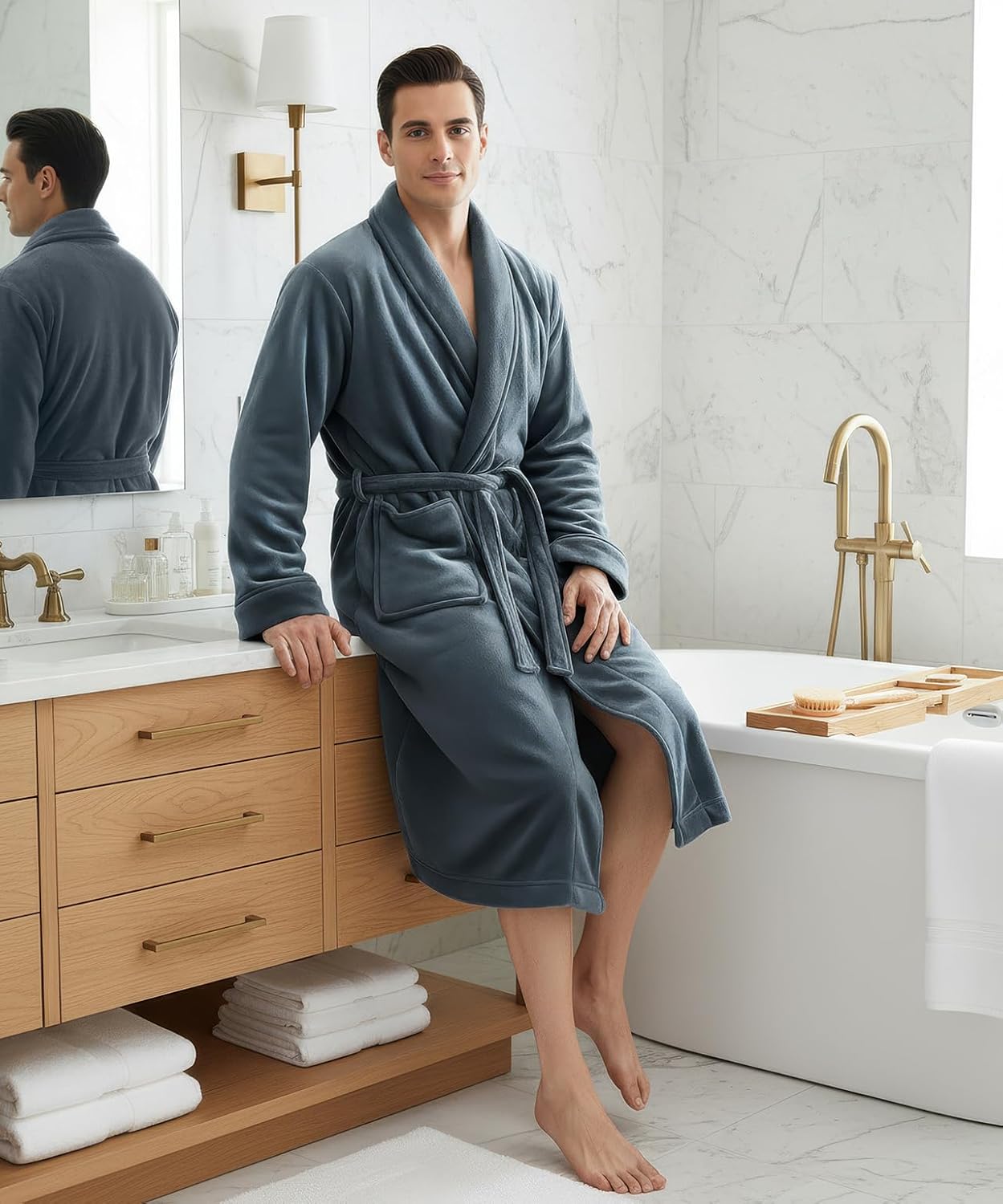 Detalle 2 de NY Threads Luxury Ultra Soft Men’s Fleece Bathrobe, Calf-Length with Belt