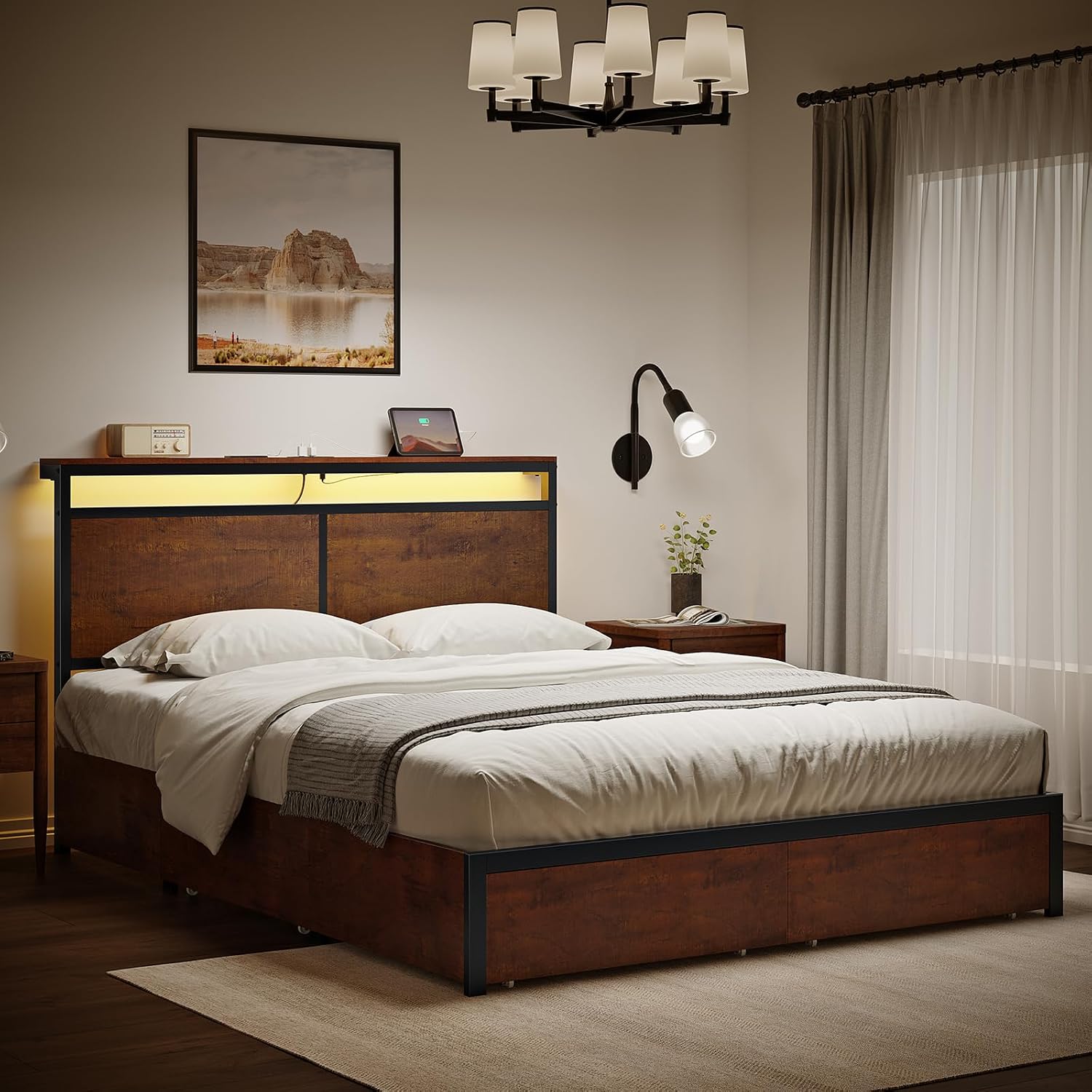 Detalle de HAUSOURCE Queen Bed Frame with Storage, LED Headboard and Charging Station