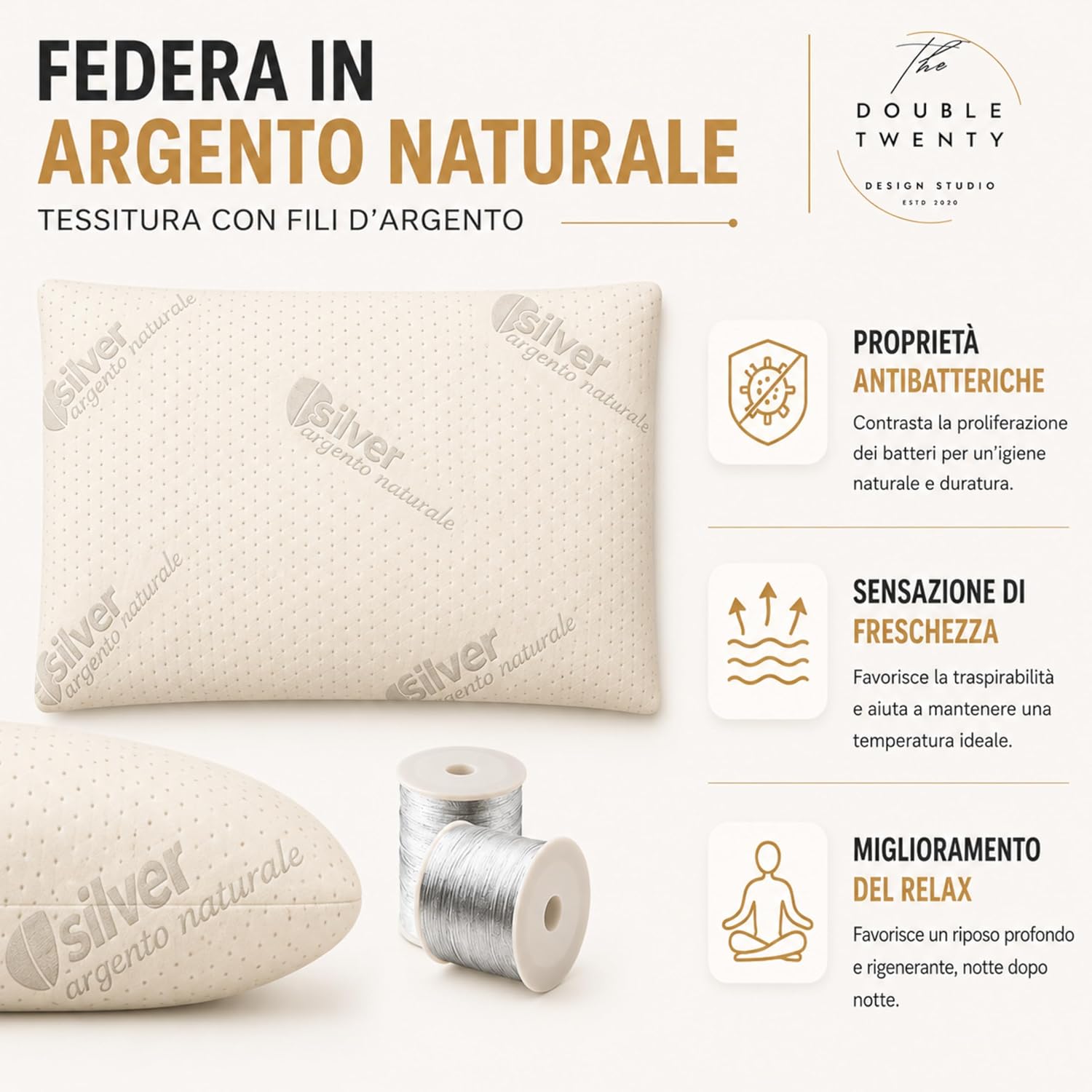 Detalle 2 de The Double Twenty Cuscino Antirussamento in Memory Foam – Sostegno Ergonomico alto 18 cm con fodera in argento naturale
