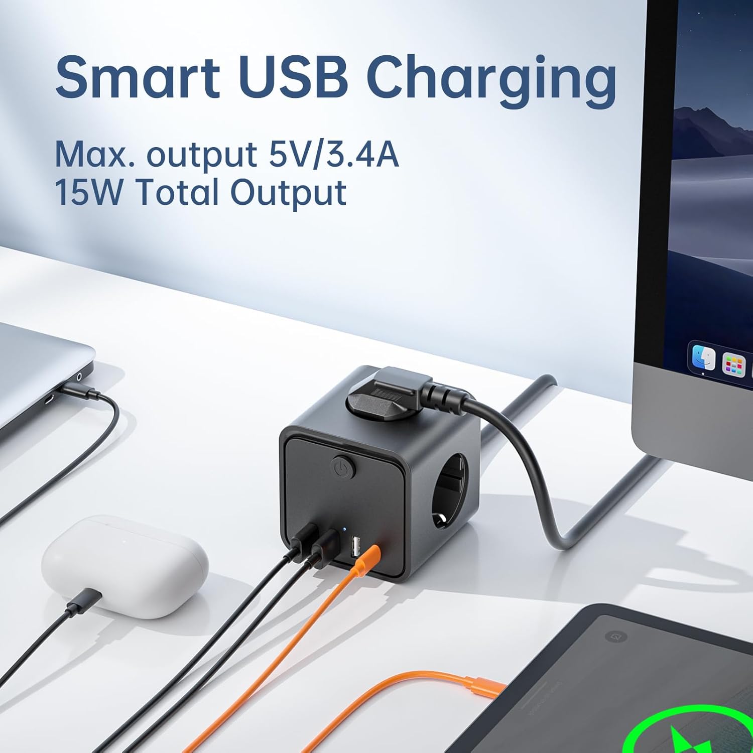 Thumbnail 2 de KEMELO Steckdosenwürfel mit USB 7 in 1 – 7,4 cm kompakt, 2 m Verlängerungskabel und schaltbarer Save-Energy-Schalter
