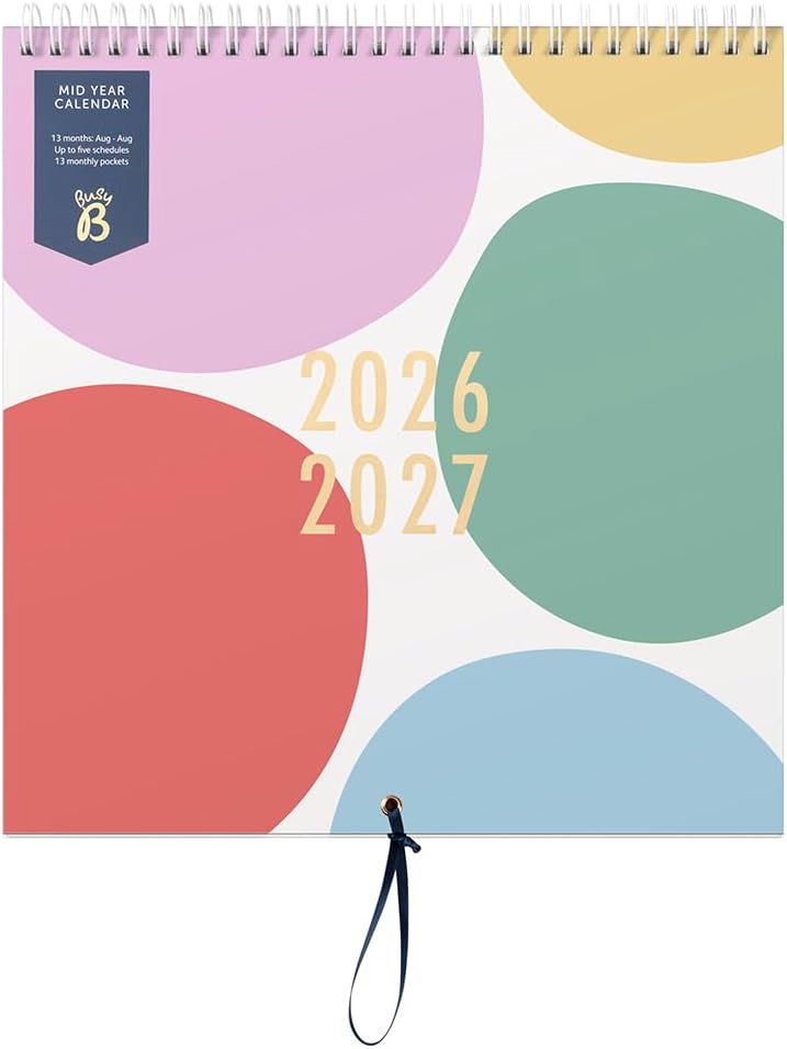 Detalle de Busy B Family Wall Calendar – Mid-Year 2026–2027 (Aug ’26–Aug ’27) with 5-Column Layout, Storage Pockets and Colour-Coded Stickers
