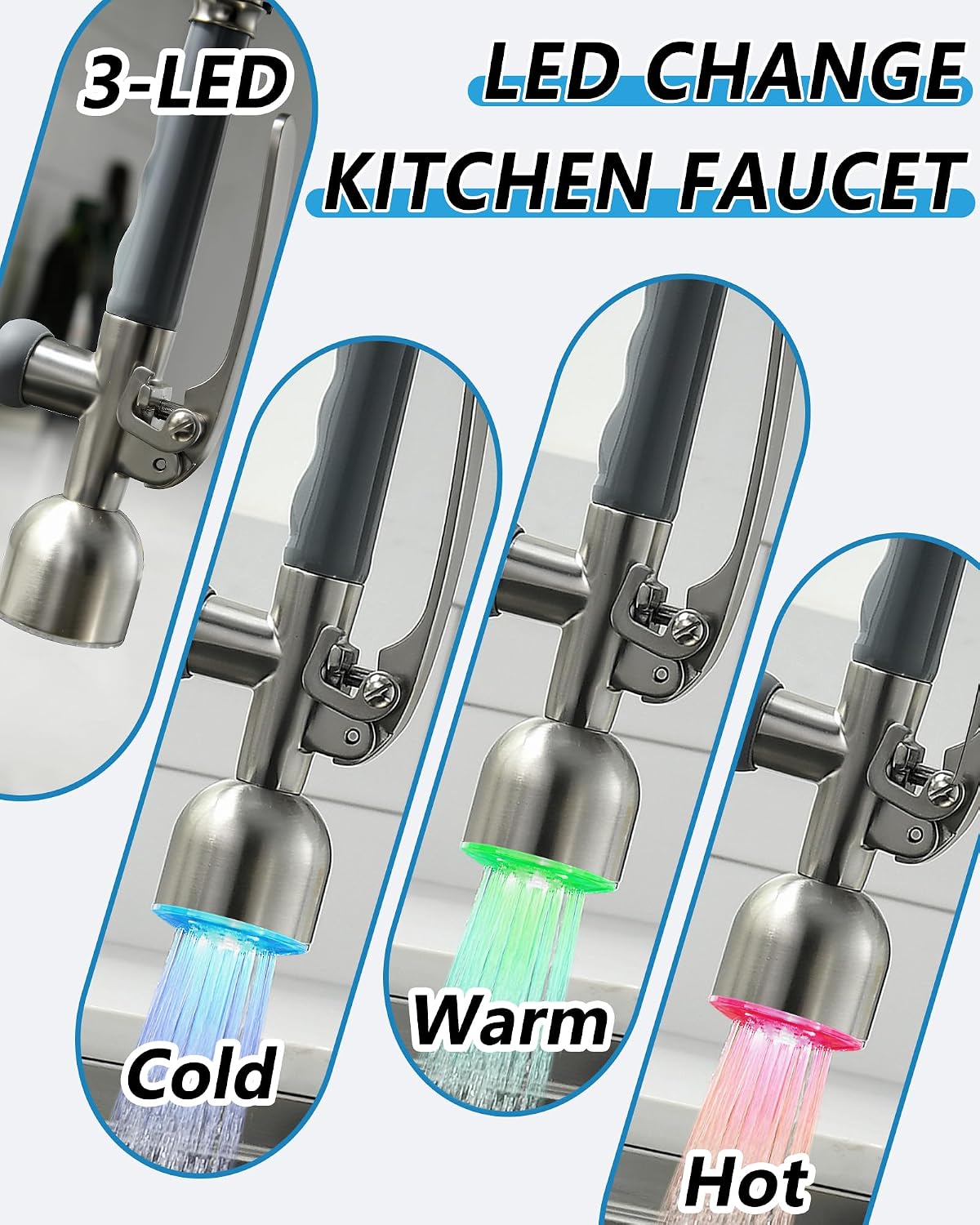 Detalle de Fapully 100550LED Commercial Kitchen Faucet with Pull-Down Sprayer, Brushed Nickel
