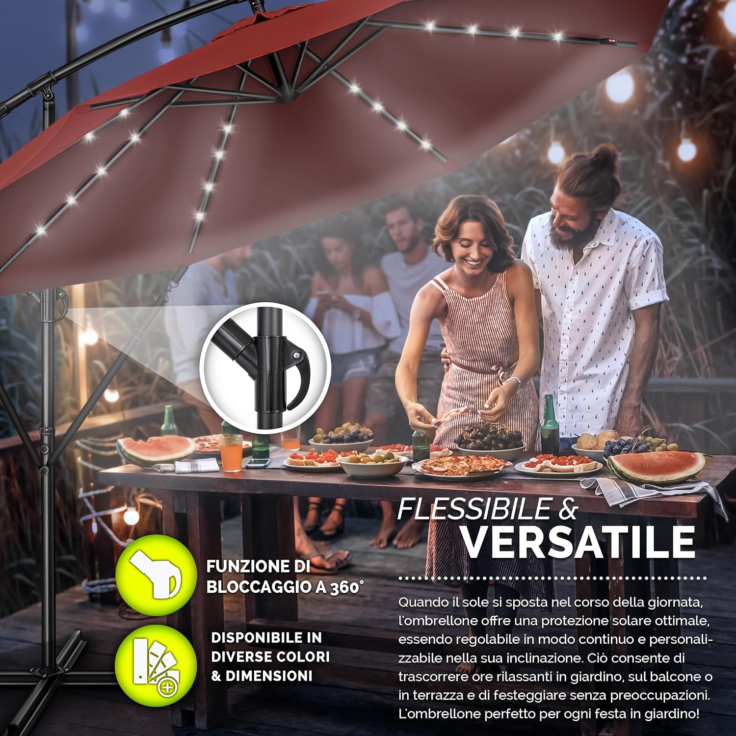 Detalle de Tillvex Ombrellone da giardino LED solare Ø300 cm con manovella e base impermeabile