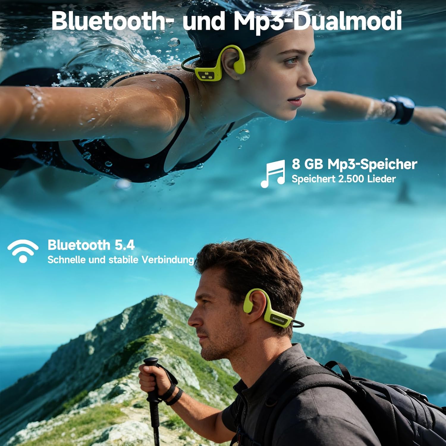 Detalle de sunvito Knochenschall-Kopfhörer Schwimmen – Bluetooth 5.4, IPX8, 8 GB Speicher, Open-Ear