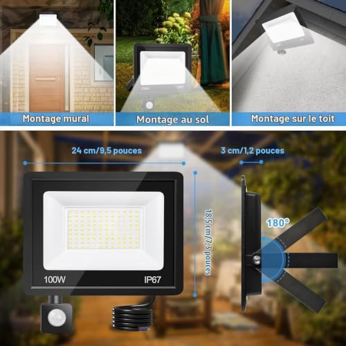 Thumbnail 4 de VRFMALIY Projecteur LED Extérieur 100W avec Détecteur de Mouvement – 10000 lm, IP67