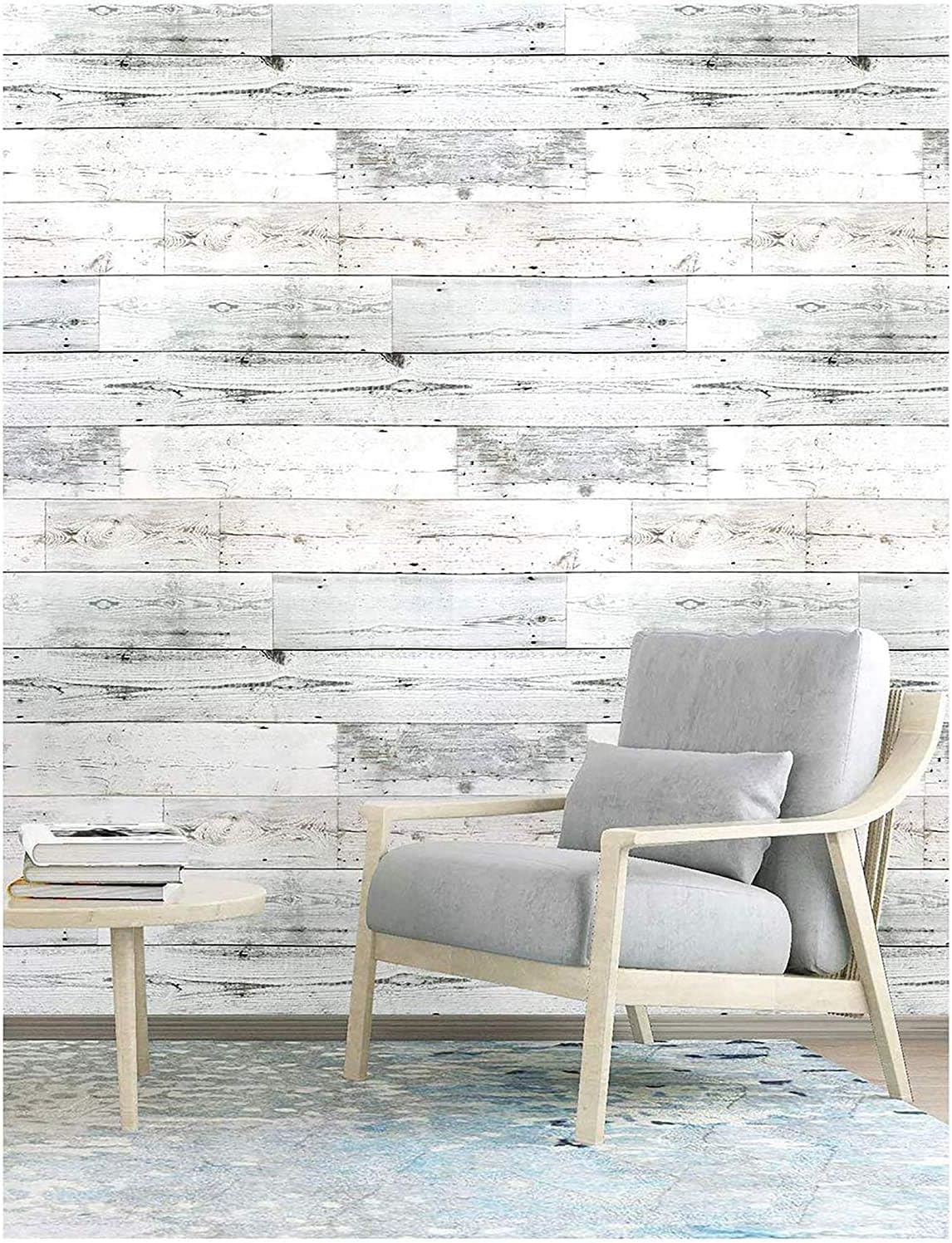 Detalle de APPIOK Peel-and-Stick Wallpaper, Light Grey and White Distressed Wood Plank