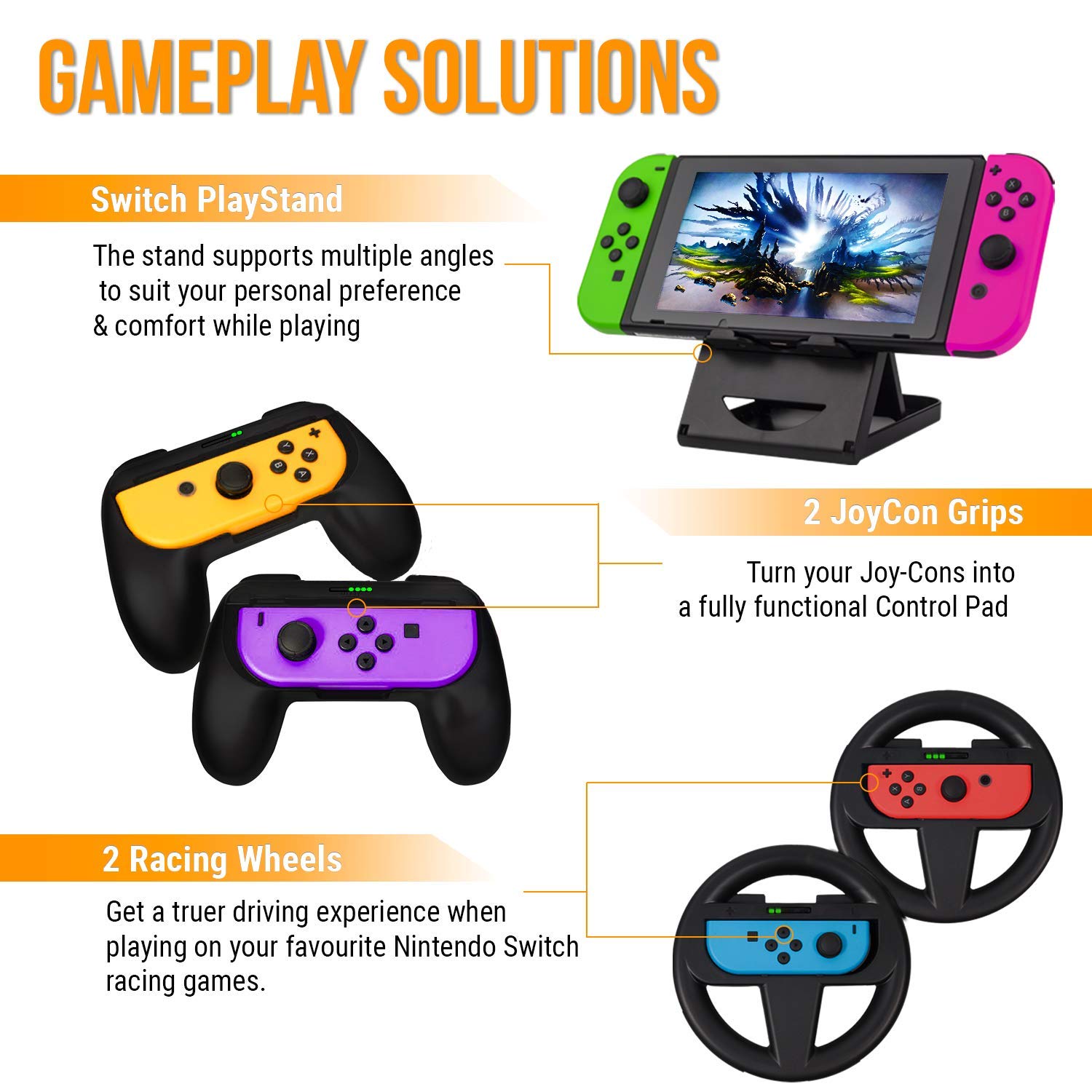 Thumbnail 6 de Orzly Geek Pack Accessory Bundle Kit for Nintendo Switch (Jet Black) with Case, Screen Protectors, Joy-Con Grips, Wheels & Charge Station