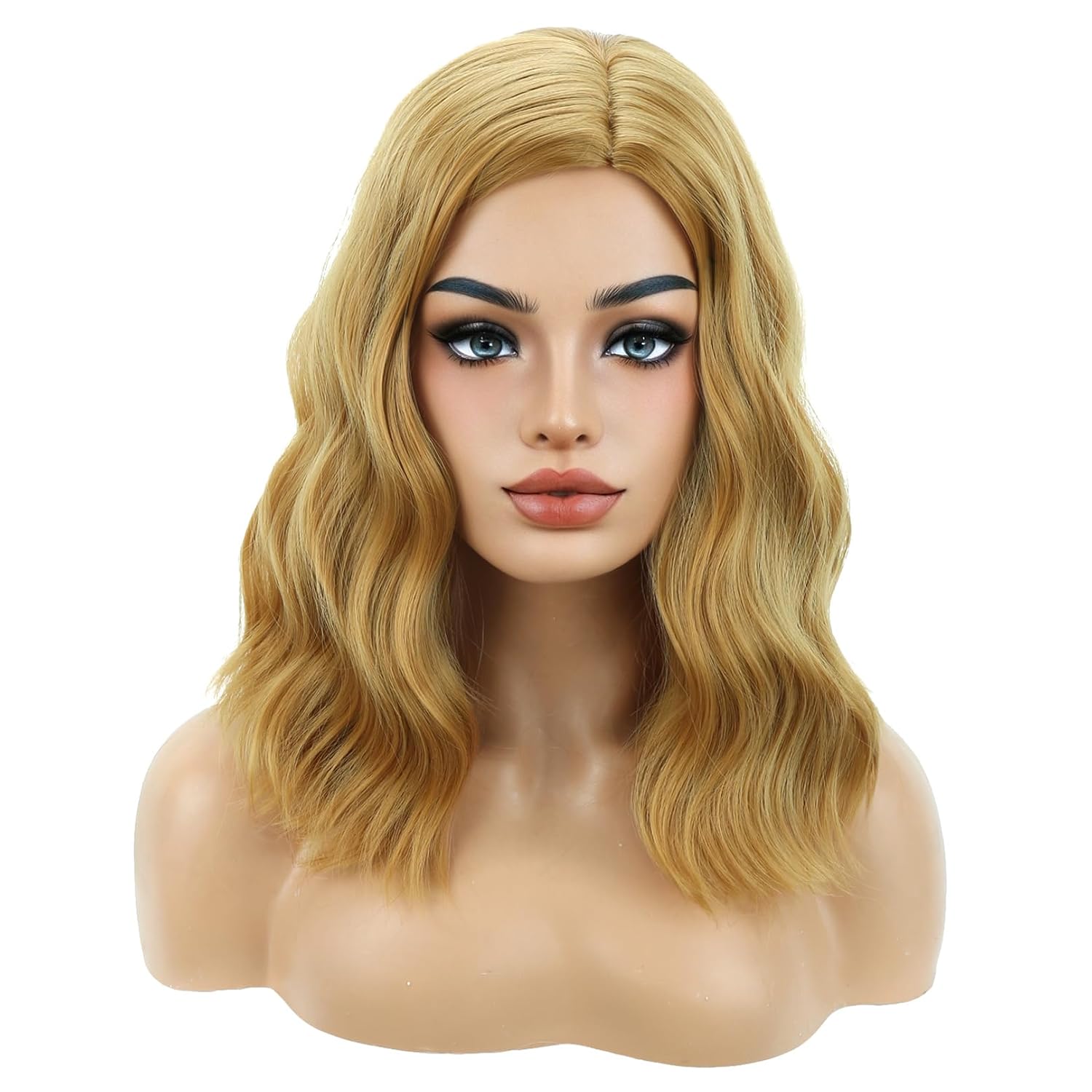Detalle de BERON Strawberry Blonde Synthetic Wig, Shoulder-Length Waves, Adjustable Cap