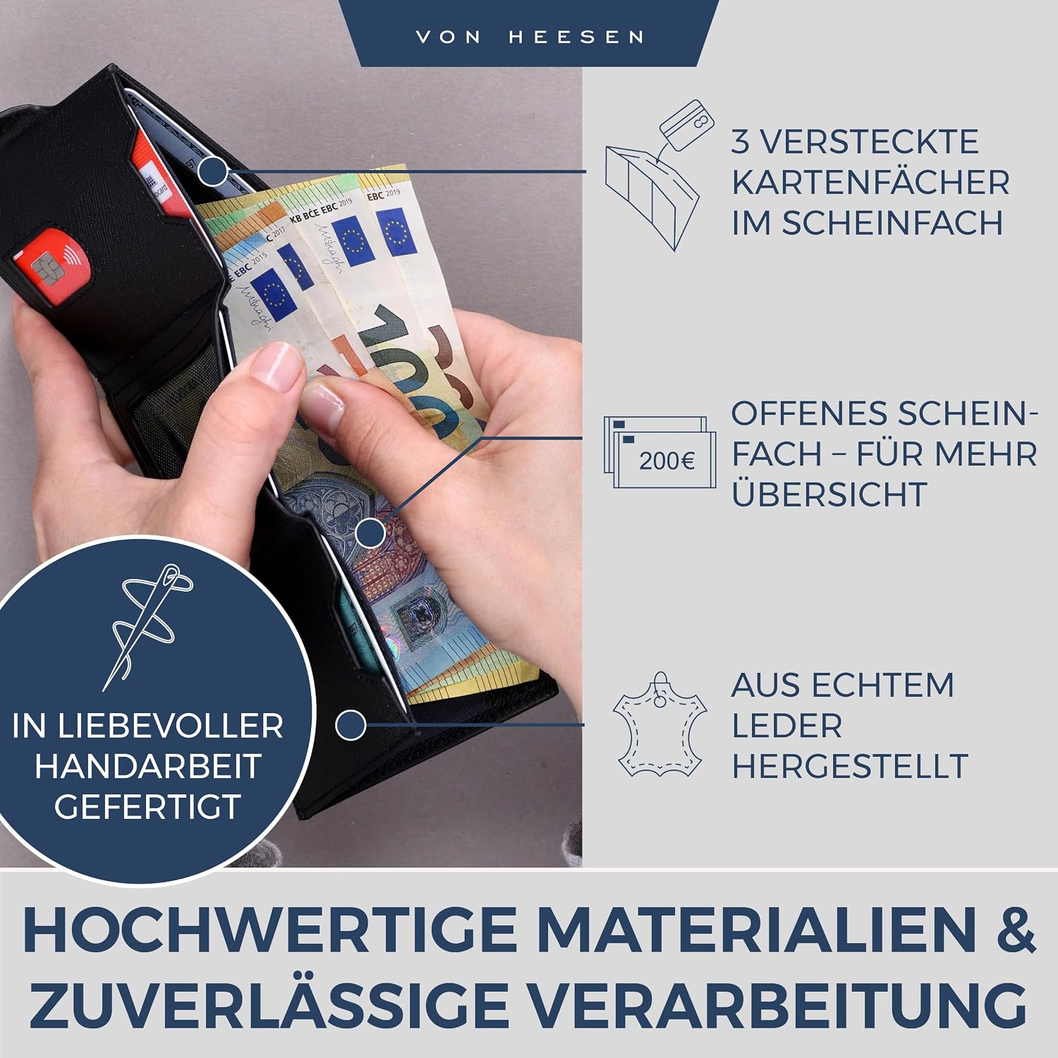 Thumbnail 3 de VON HEESEN Slim Wallet mit RFID-Schutz – Kompakte Geldbörse aus echtem Napa-Leder (Schwarz, Saffiano)