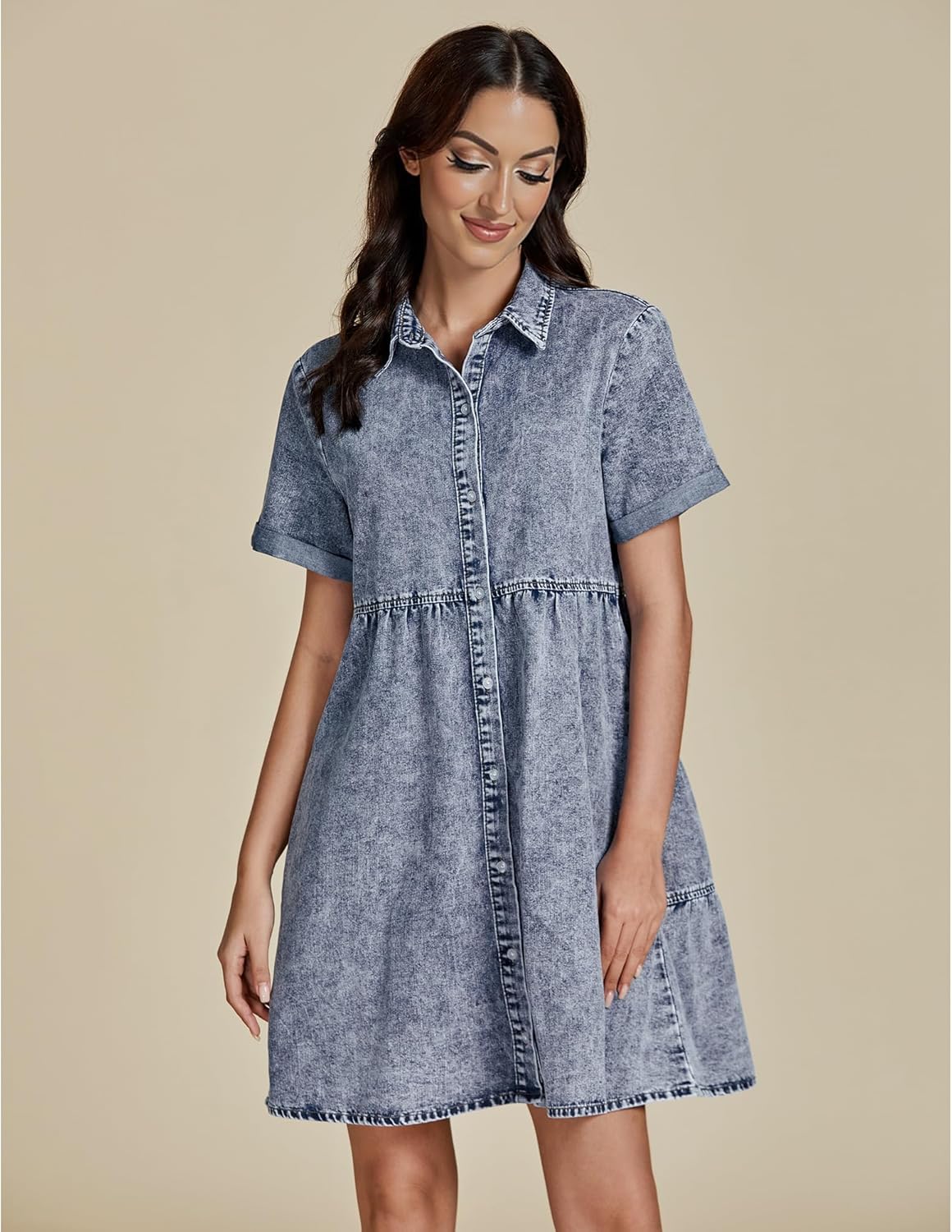 Detalle de GRAPENT Denim Dress for Women Babydoll Tiered Short Sleeve Button Down Jean Shirt Dresses