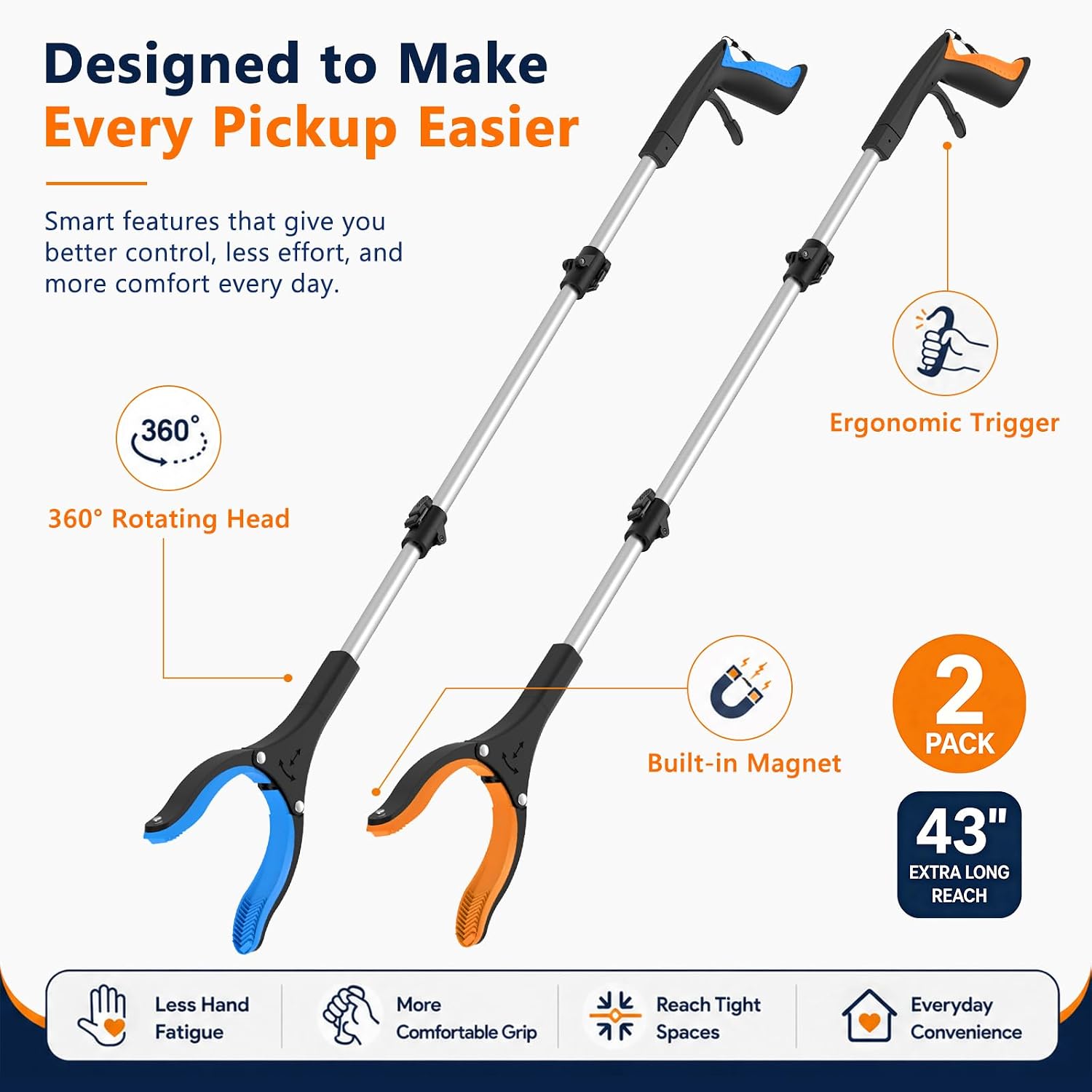Detalle de rewkcy 43-Inch Grabber Reacher Tool, Foldable 2-Pack with 360° Jaw