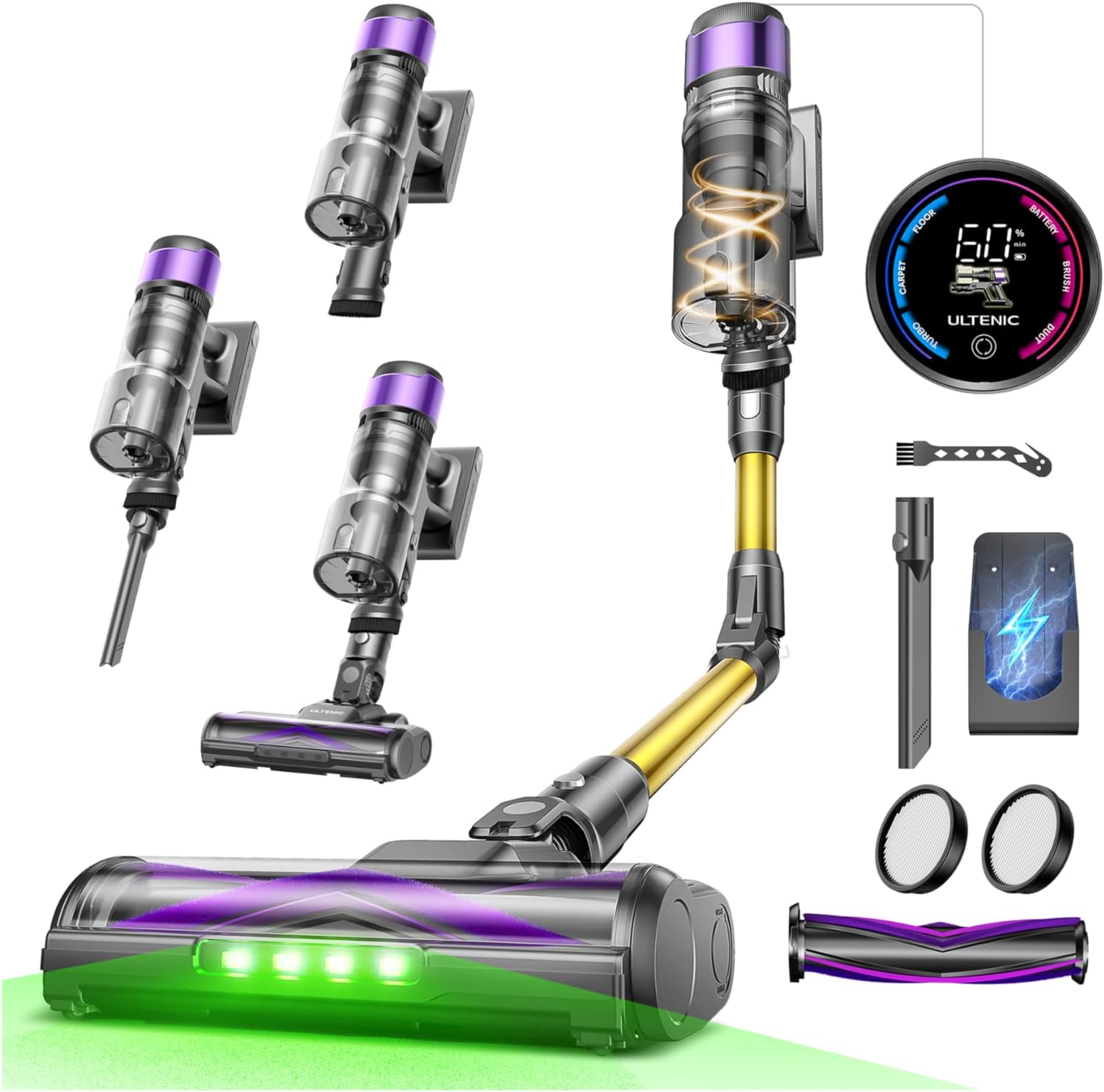 Detalle de Ultenic Akku Staubsauger: 55 KPa, 600 W, 60 Minuten Laufzeit, kabellos mit 180° klappbarem Rohr