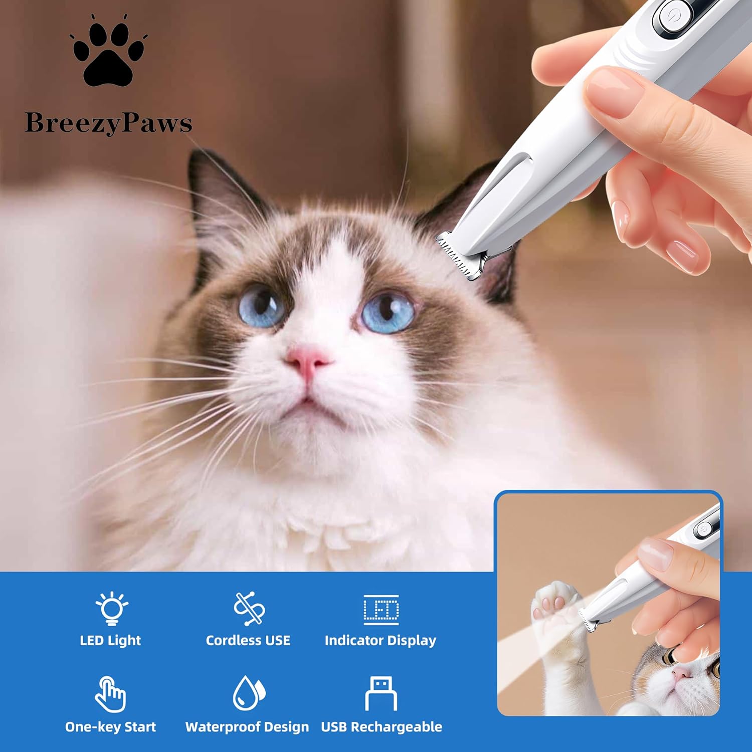 Detalle de Pet Dog Cat Paw Trimmer & Grooming Kit with LED Light – 5-in-1, Quiet, Waterproof, USB Rechargeable