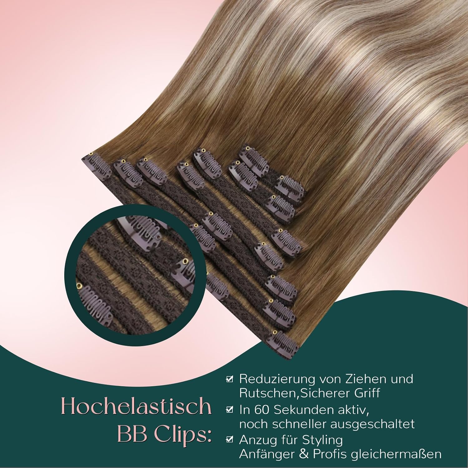 Detalle de Easyouth Clip-in Extensions aus Remy-Menschenhaar (Balayage Blond, #3/8/22) – 7 Stk. bis 55 cm, 120 g