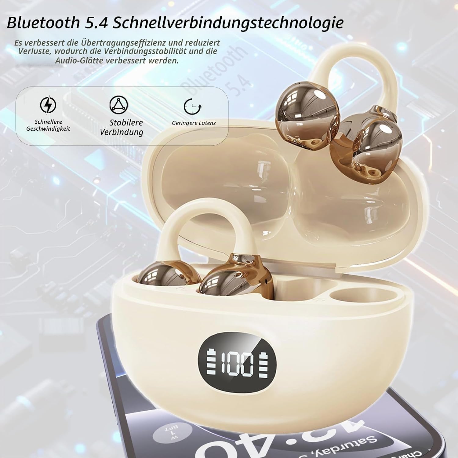 Detalle 2 de Kabellos Bluetooth Kopfhörer Open-Ear Clip – leichter Open-Ear mit 11 mm Treiber, 40 h Akku, IPX6