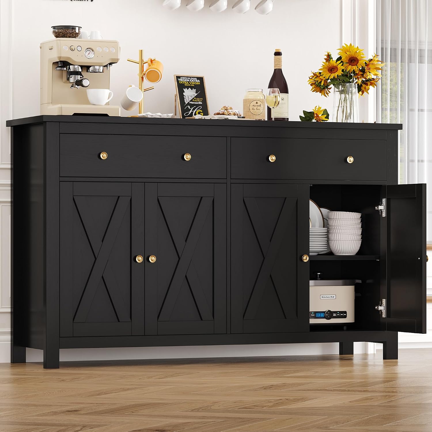 Detalle 1 de FirFurd P228 140cm Sideboard, Black Engineered Wood, 4 Doors, 2 Drawers