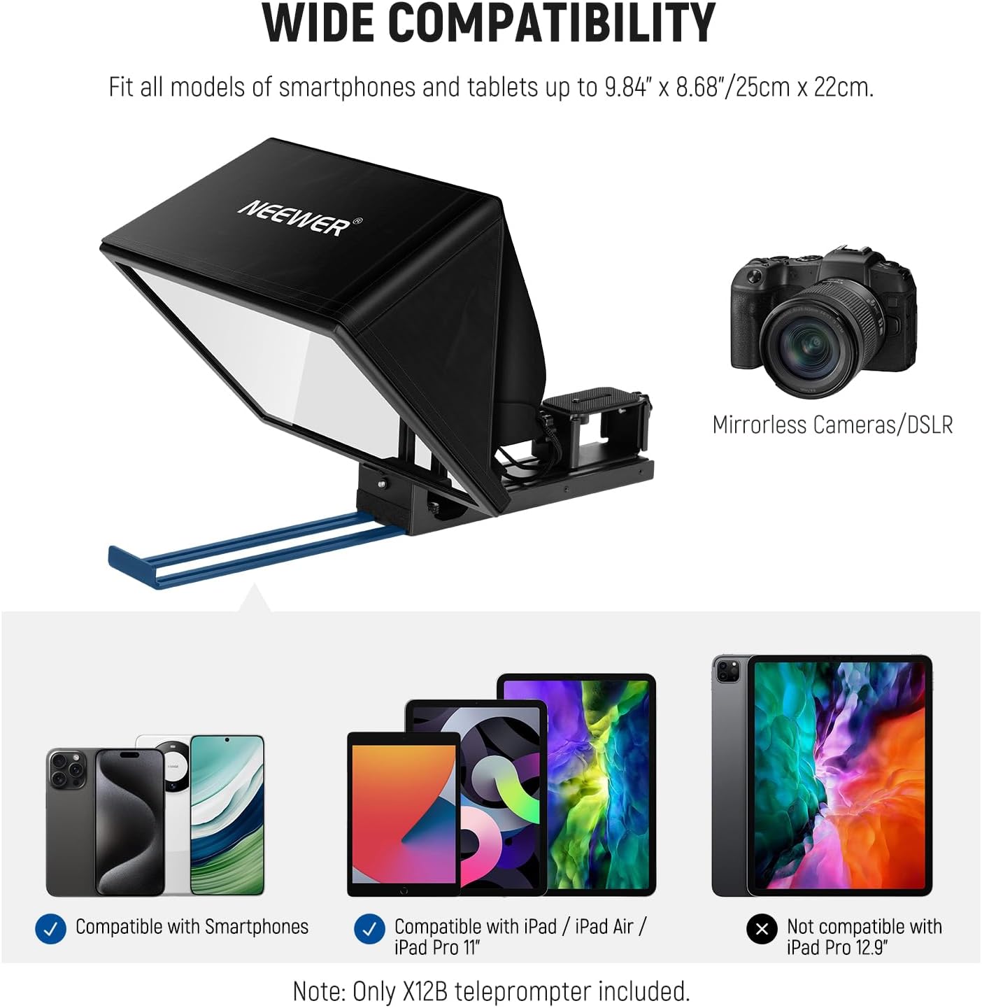 Detalle 2 de Neewer BASICS X12B 12" Aluminum Alloy Liftable Teleprompter for iPad, Tablet, DSLR Cameras