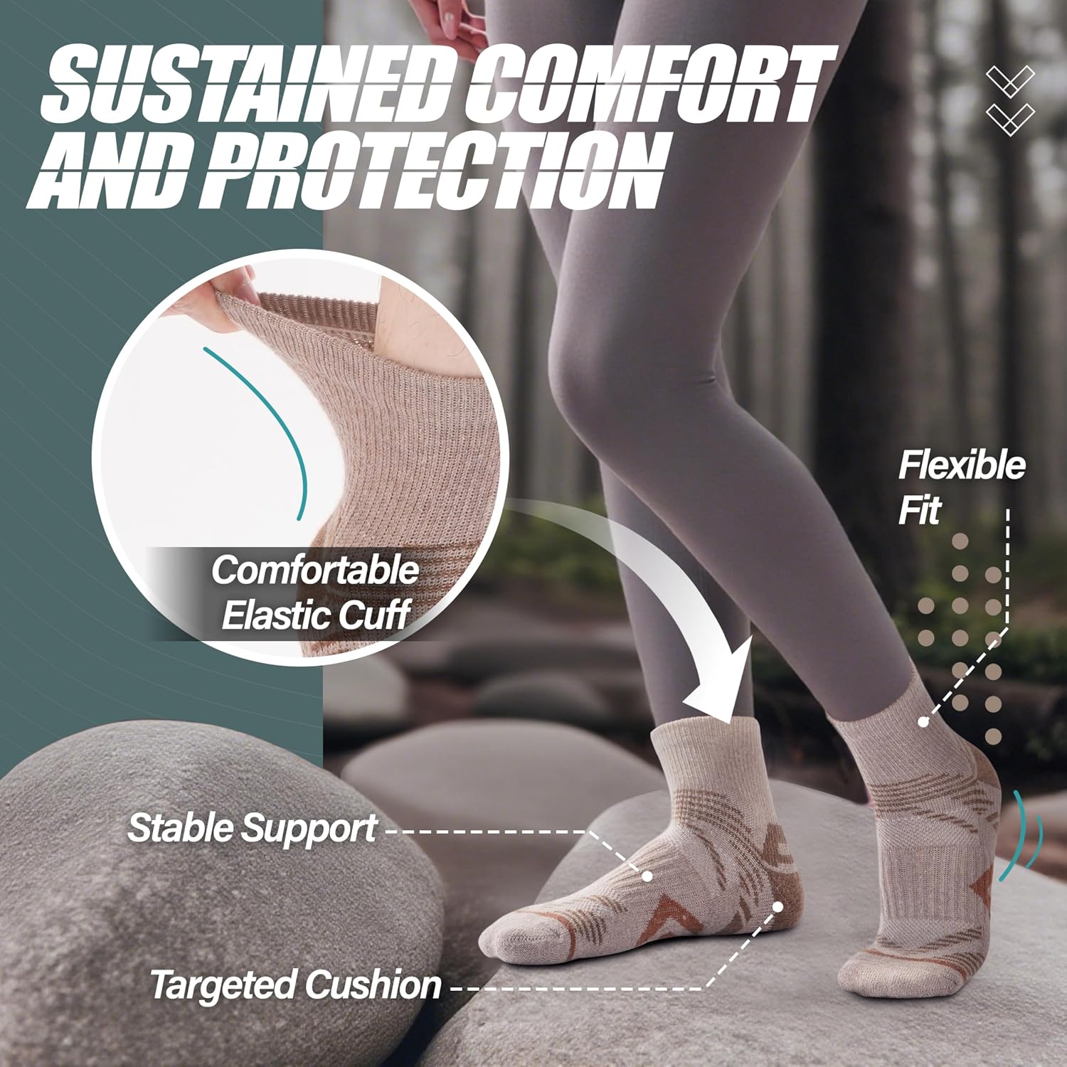 Detalle de ANTSANG 6 Pairs Merino Wool Quarter Ankle Hiking Socks with Compression and Cushioning