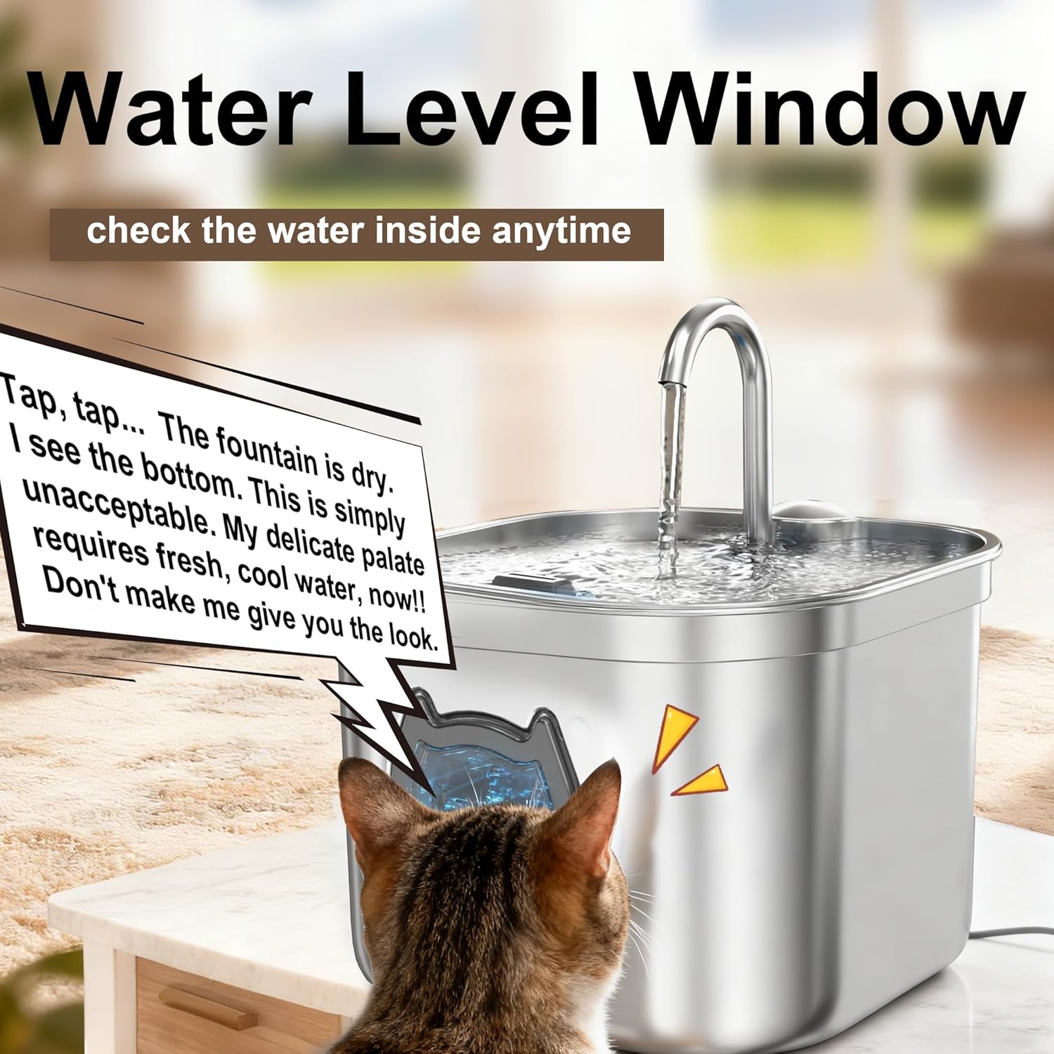 Detalle 2 de Cat Water Fountain for Drinking 2.2L Stainless Steel with Filter, LED Night Light and Quiet Pump