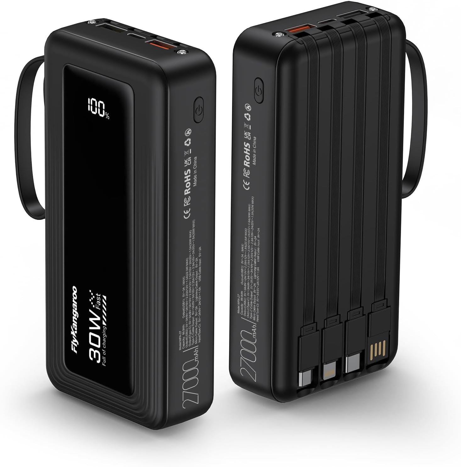 Detalle de FlyKangaroo Power Bank 30W 27000mAh with Built-in Cables and LED Display