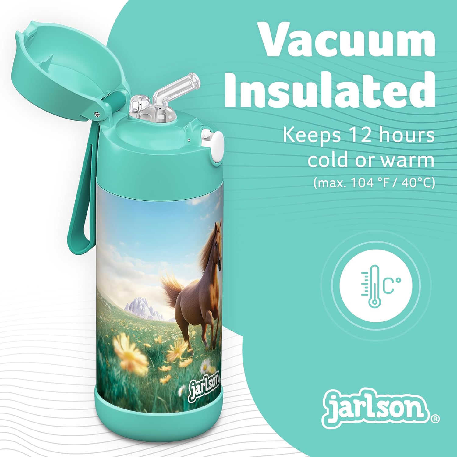 Detalle 2 de Jarlson Borraccia Termica Bambini 350ml CHARLI con Cannuccia – Acciaio Inox, Senza BPA, ideale per Scuola e Sport