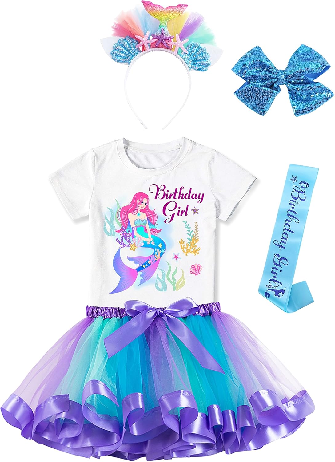 Thumbnail 5 de Doctor Unicorn Girls Mermaid Birthday Outfit Set (Tutu Skirt Dress, T-Shirt, Headband & Satin Sash)