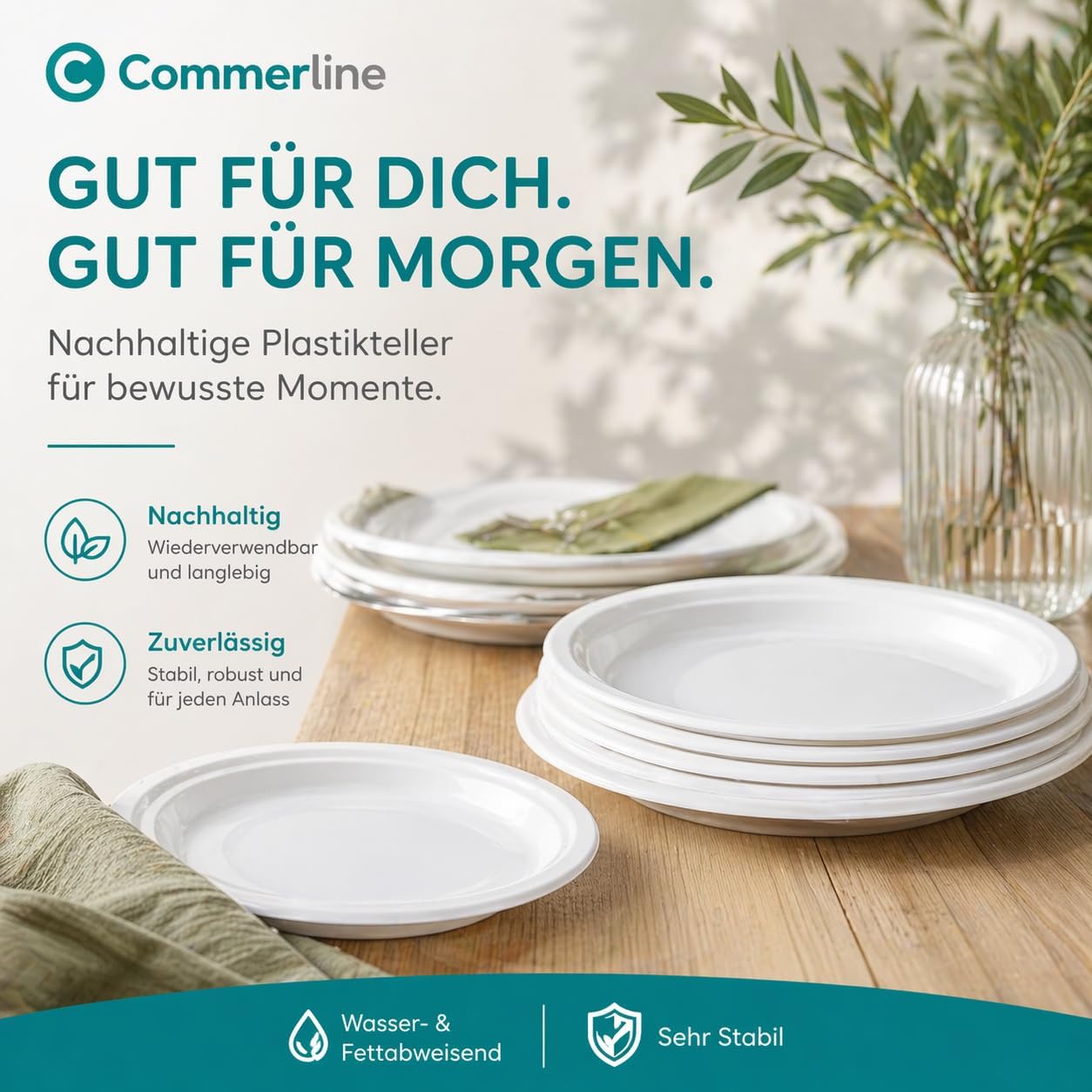 Thumbnail 1 de Commerline Plastikteller 100 Stück Ungeteilt Ø22 cm – spülmaschinenfest und vielseitig einsetzbar