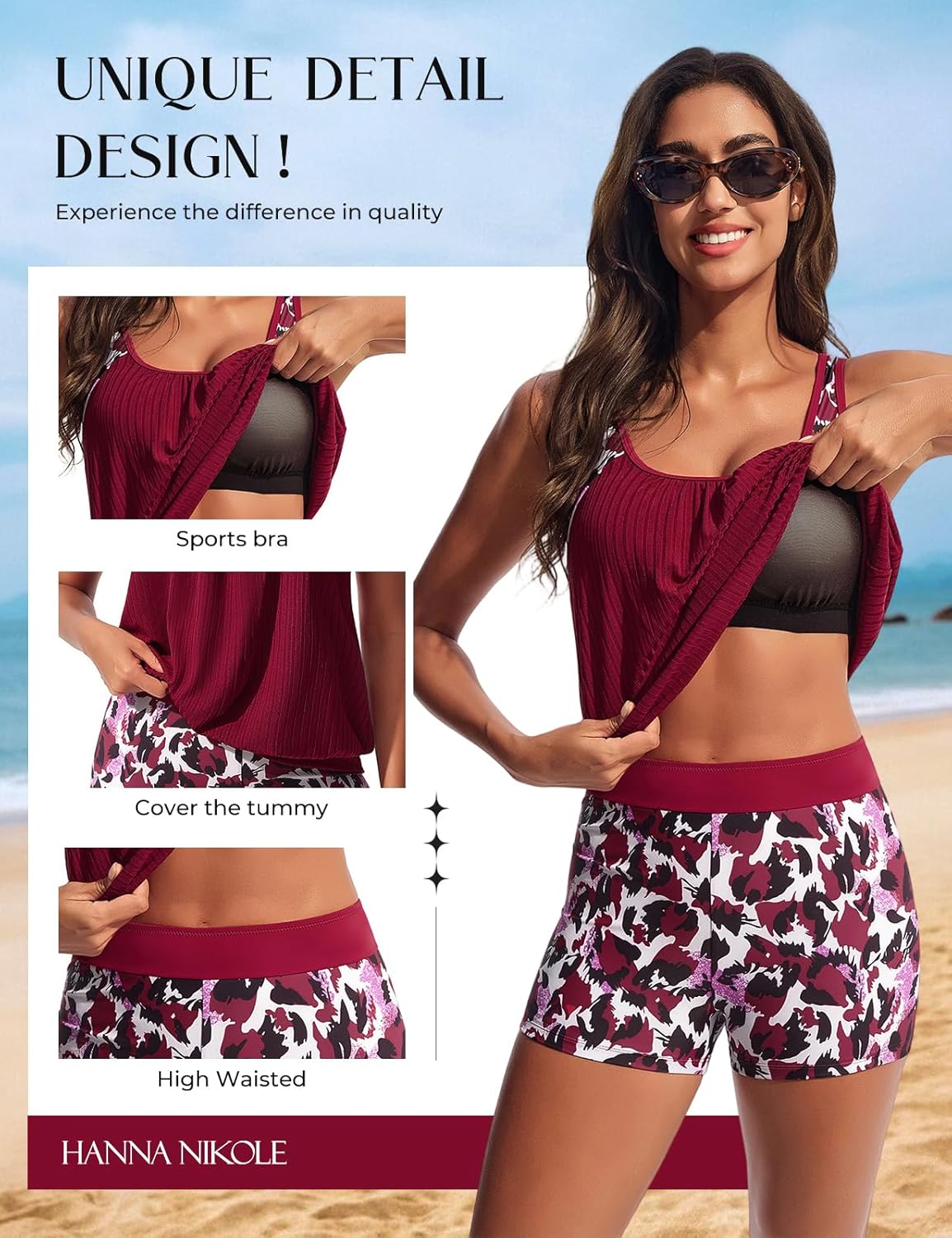 Thumbnail 3 de Hanna Nikole 2 Piece Tankini Swimsuits for Women: printed tummy control set with high-waist ribbed tops and boyshorts