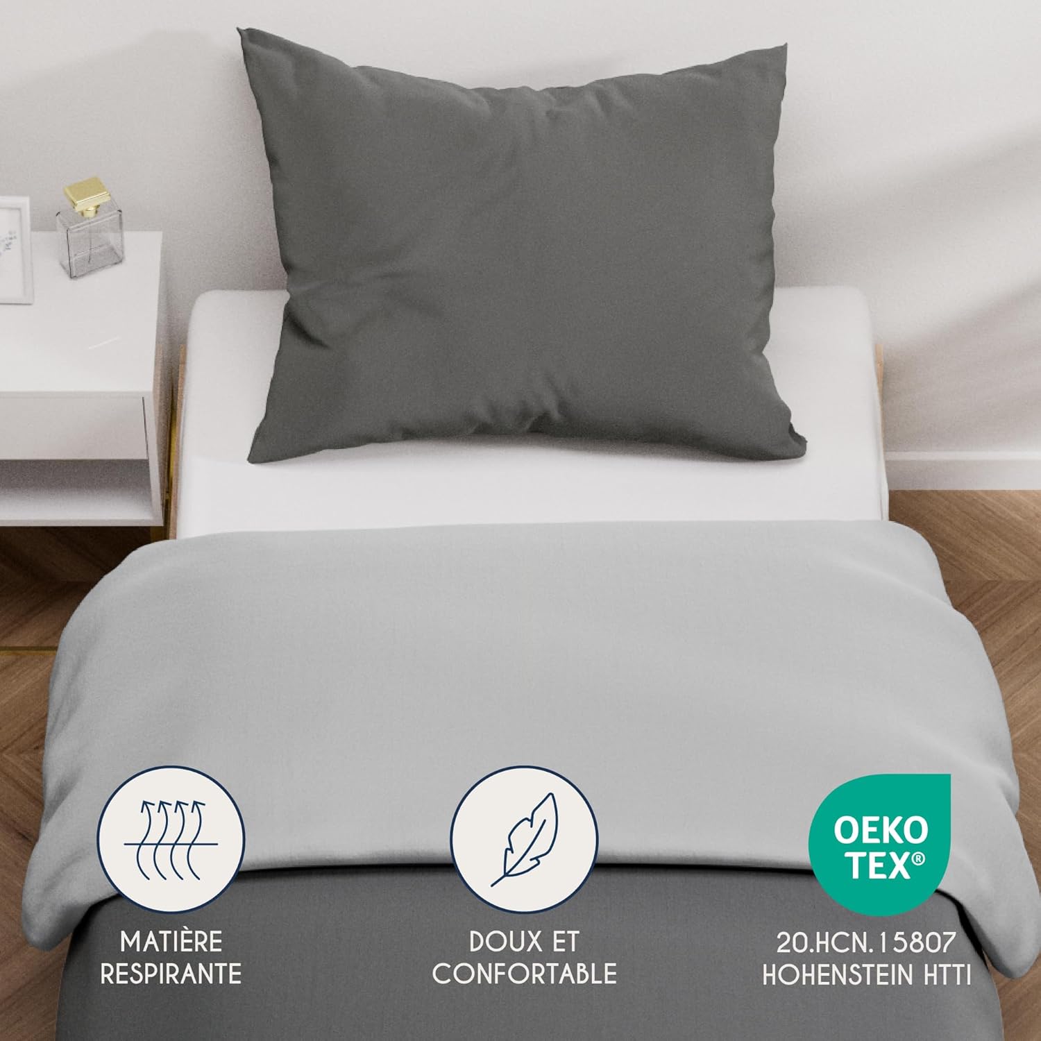 Thumbnail 1 de Dreamzie Parure de couette 140x200 cm en microfibre gris (1 taie 65x65 cm) certifiée Oeko-Tex