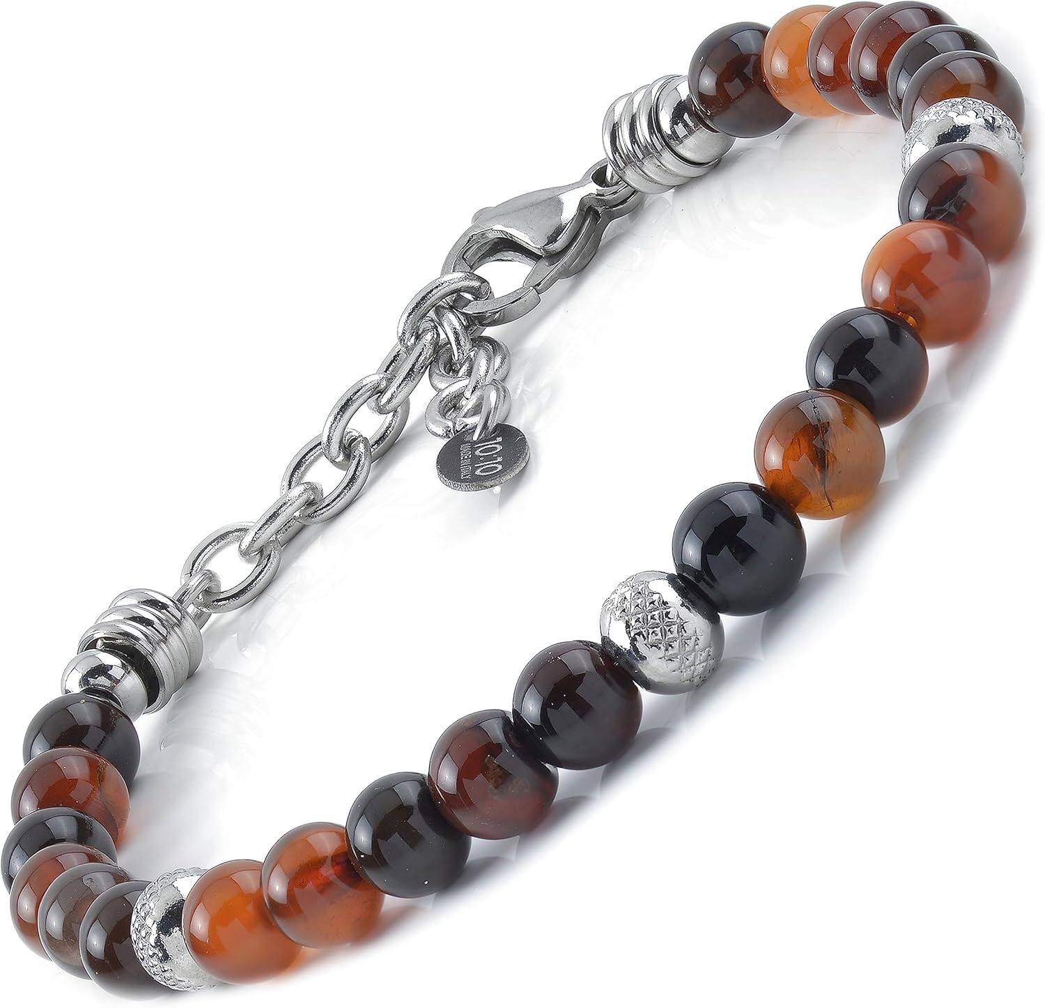 Detalle de Bracciale 10:10 con pietre naturali agata blood da 6 mm, beads in acciaio inox – 21 cm, prodotto in Italia