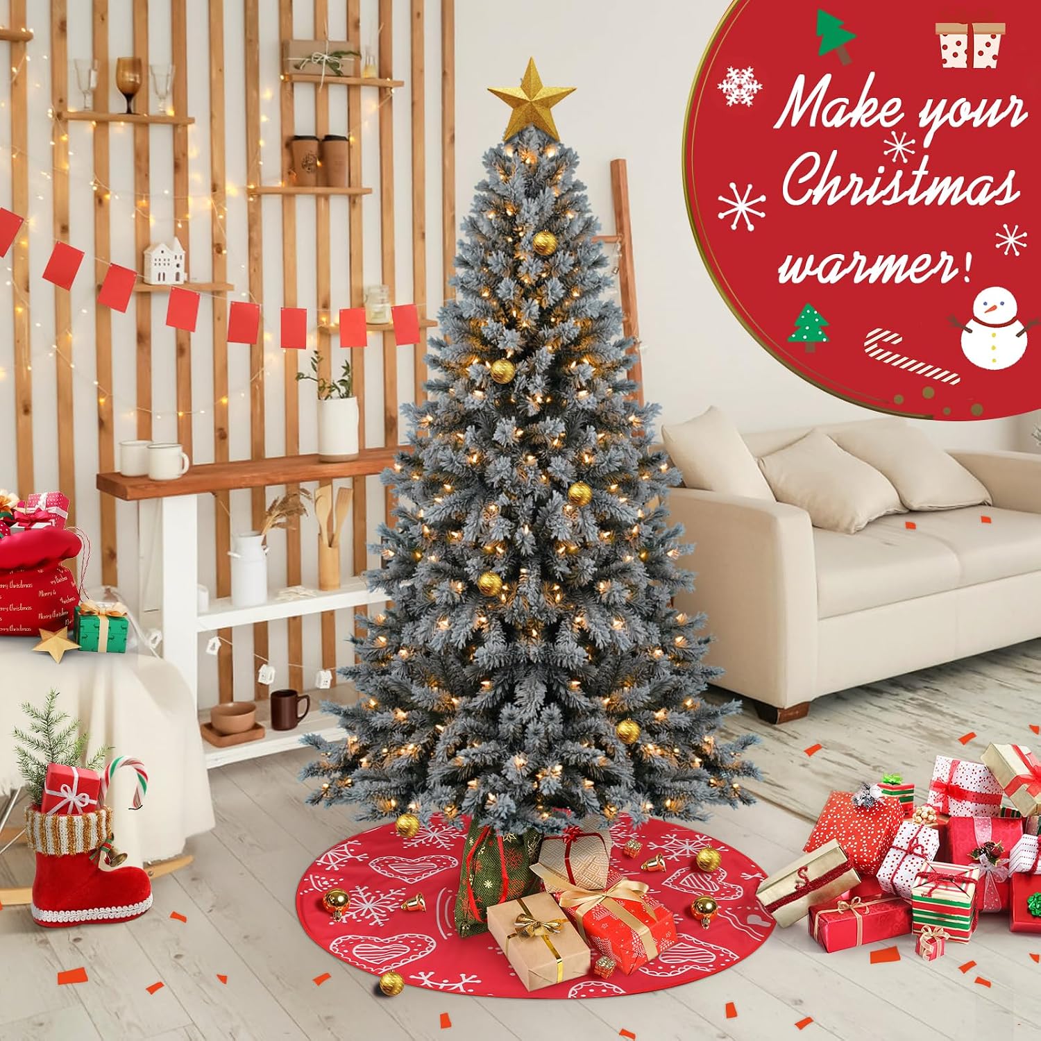 Detalle de Figarge Weihnachtsbaumdecke (90 cm) mit Schneeflocken-Muster und Bindekordeln – rund, Rot