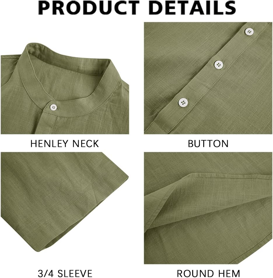 Thumbnail 1 de Ryannology Men's Linen Shirts with 3/4 Sleeve Henley: Lightweight Summer Comfort