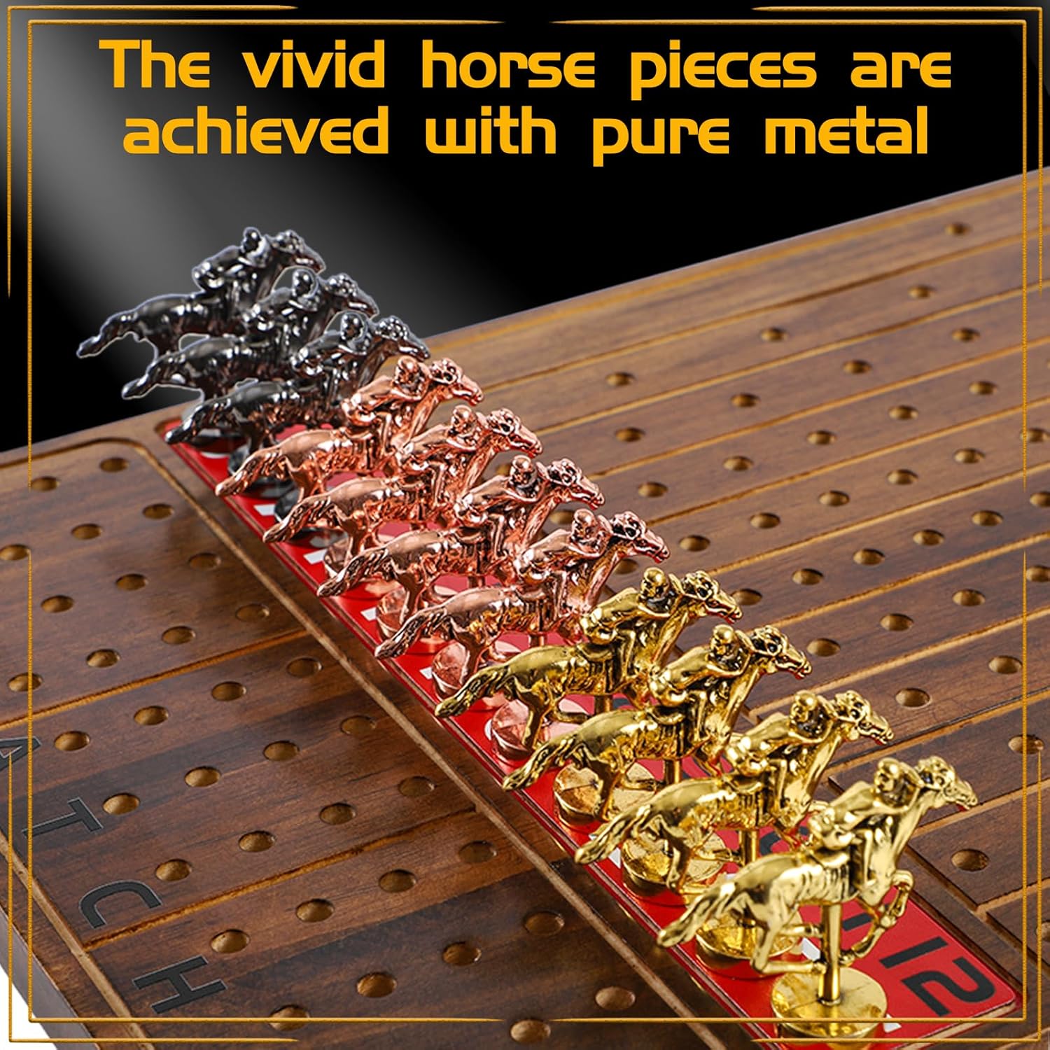 Thumbnail 5 de Jyquorp Horse Race Board Game (Rustic Brown) with 11 Metal Horses, 2 Dice, and Card Boxes