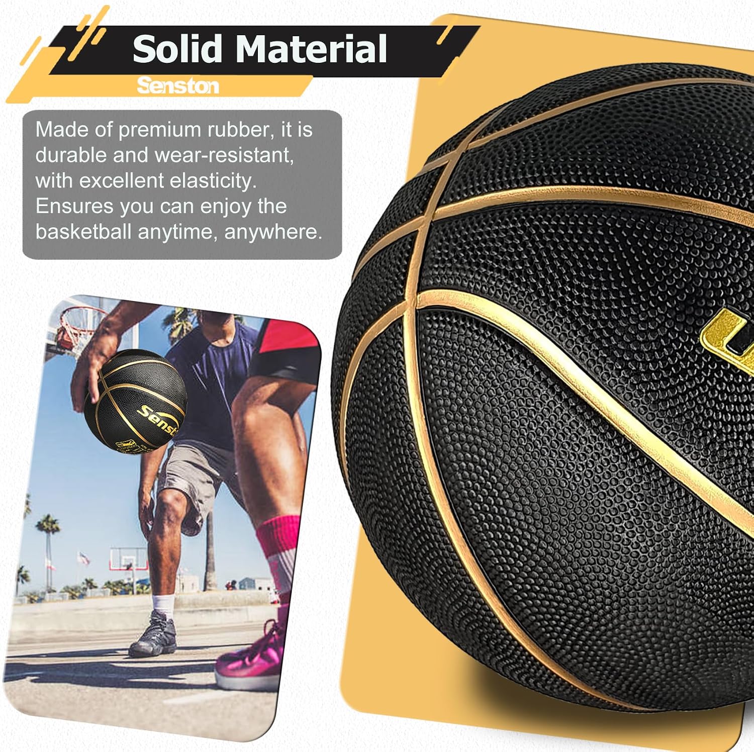 Detalle de Senston LQ Size 7 Basketball, 29.5-Inch Rubber, Black/Gold, with Pump