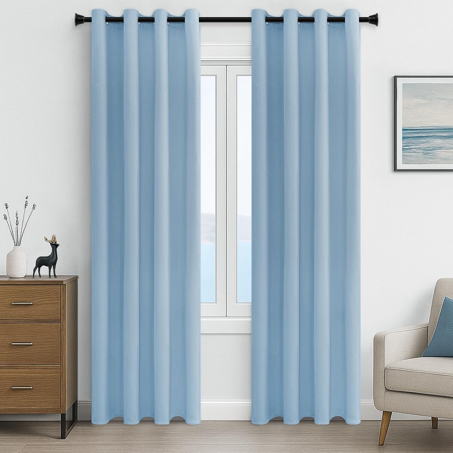 Detalle de MRTREES Blackout Bedroom Curtains 72in Drop (2 Panels) – Sky Blue Eyelet Thermal Curtains