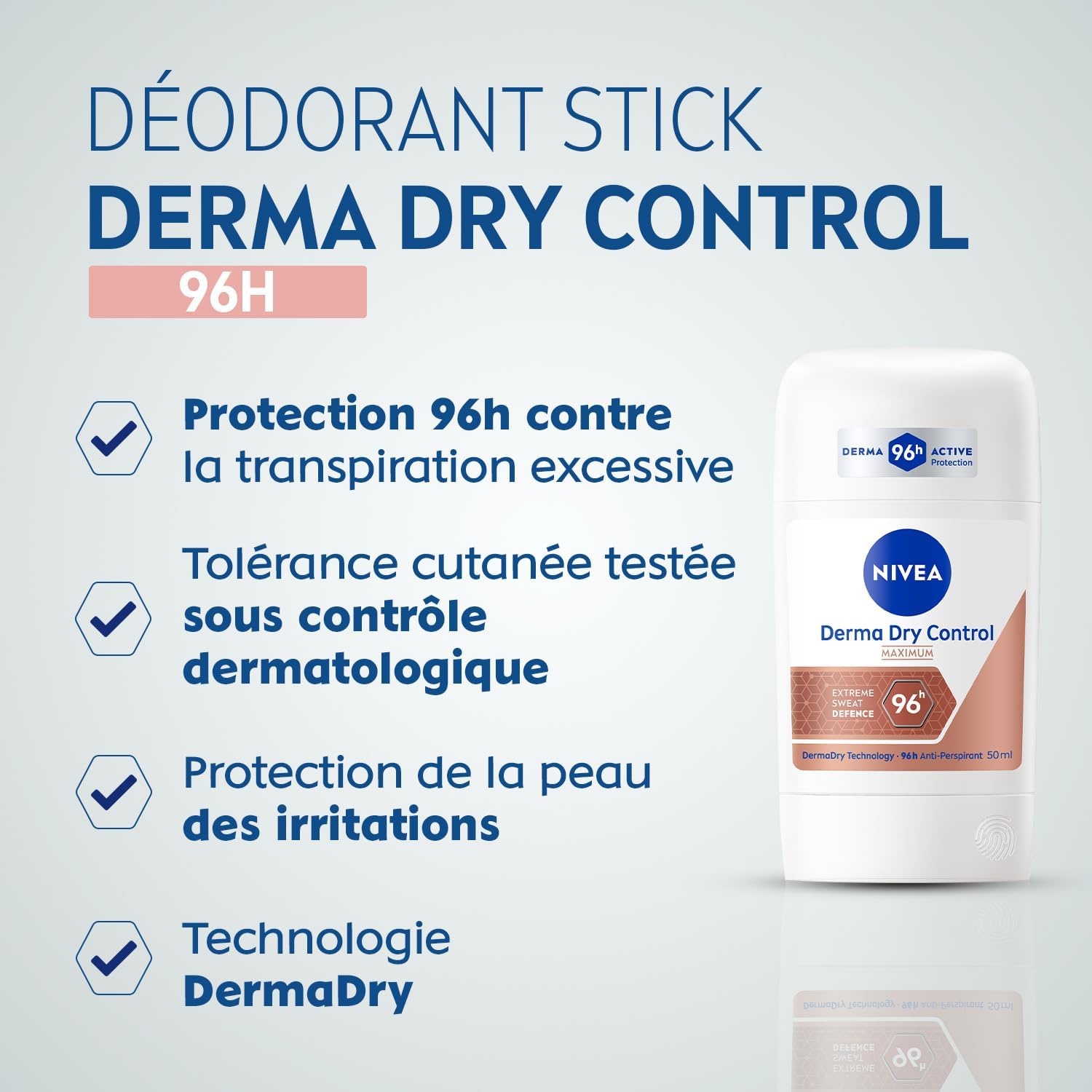 Detalle de NIVEA Stick Féminin Derma Dry Control anti-transpirant 96h – Protection maximale (50 ml)