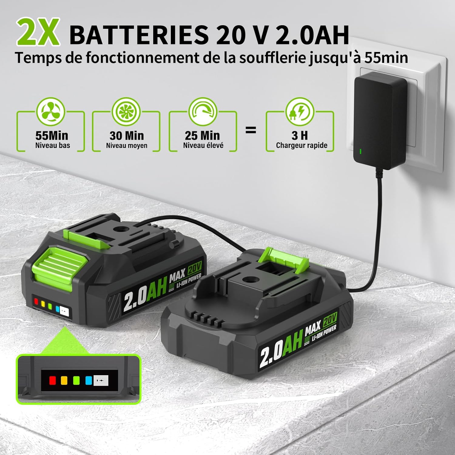Thumbnail 1 de Souffleur de feuilles sans fil 2×2,0 Ah (20 V) – Souffleur de Feuilles léger 1,4 kg, 3 vitesses jusqu’à 360 m³/h