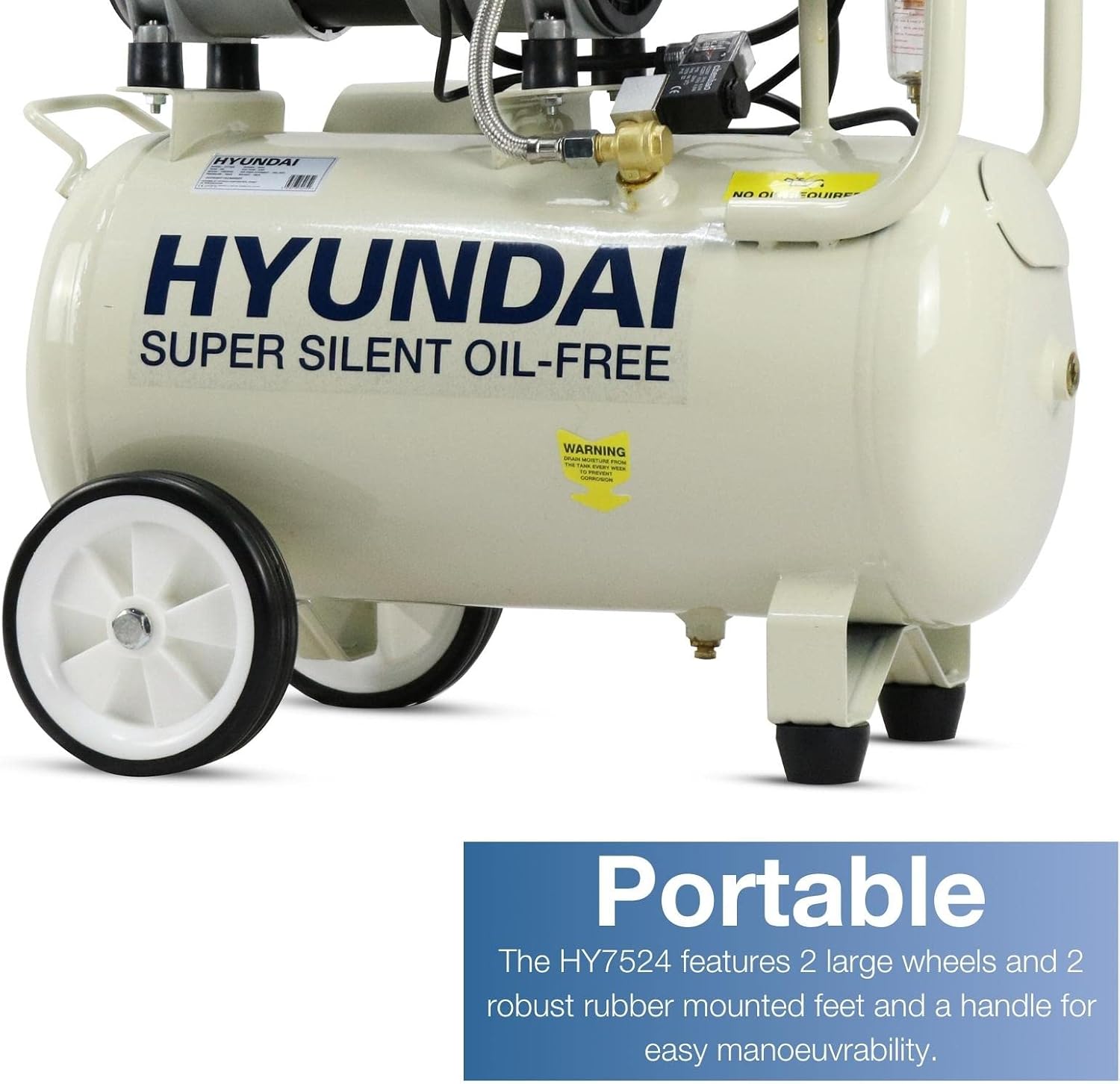 Detalle 2 de Hyundai 24L Oil-Free Low Noise Air Compressor (750W, 118psi) with twin gauges and Euro quick connectors